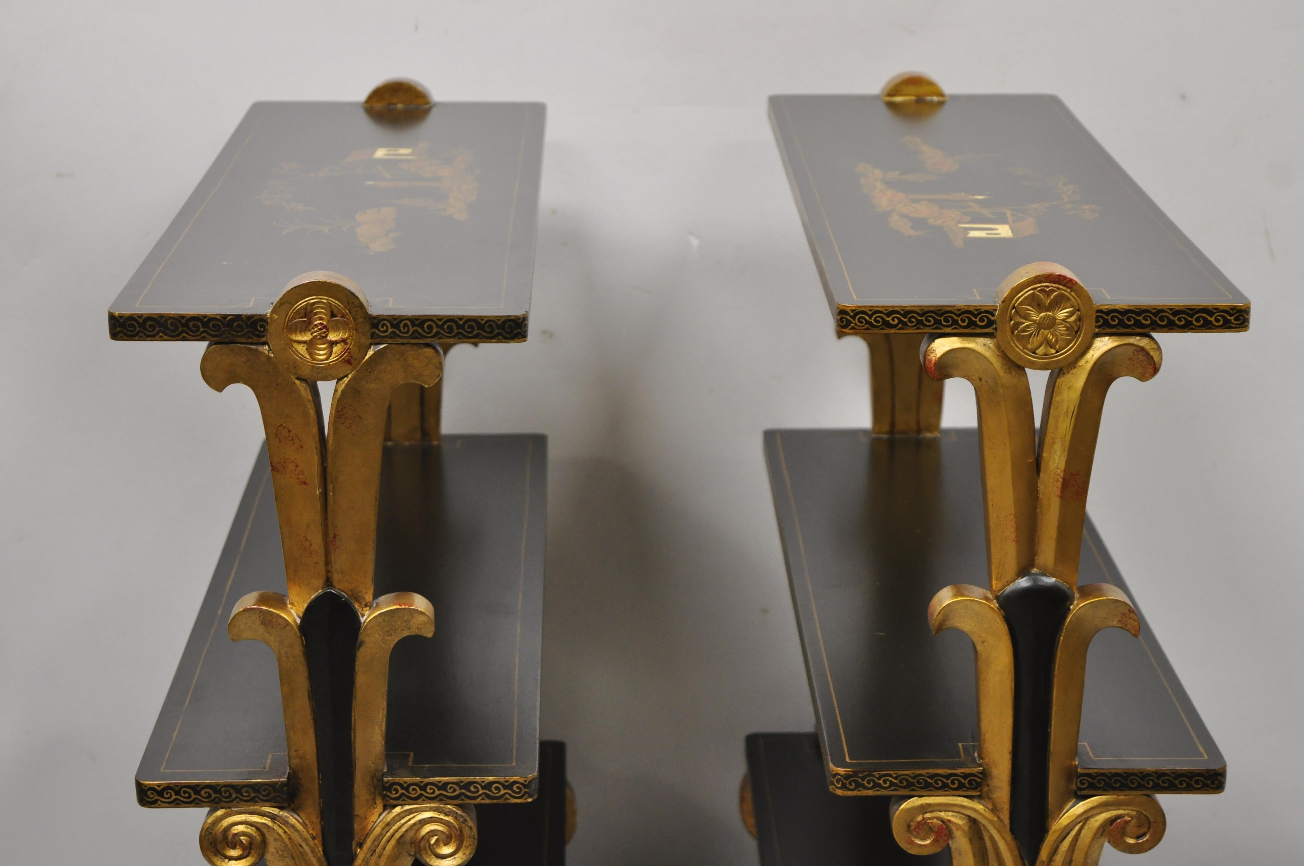 Contemporary Regency Style Black & Gold 3 Tier Whatnot Stands Bookcase Shelves Curio, a Pair For Sale