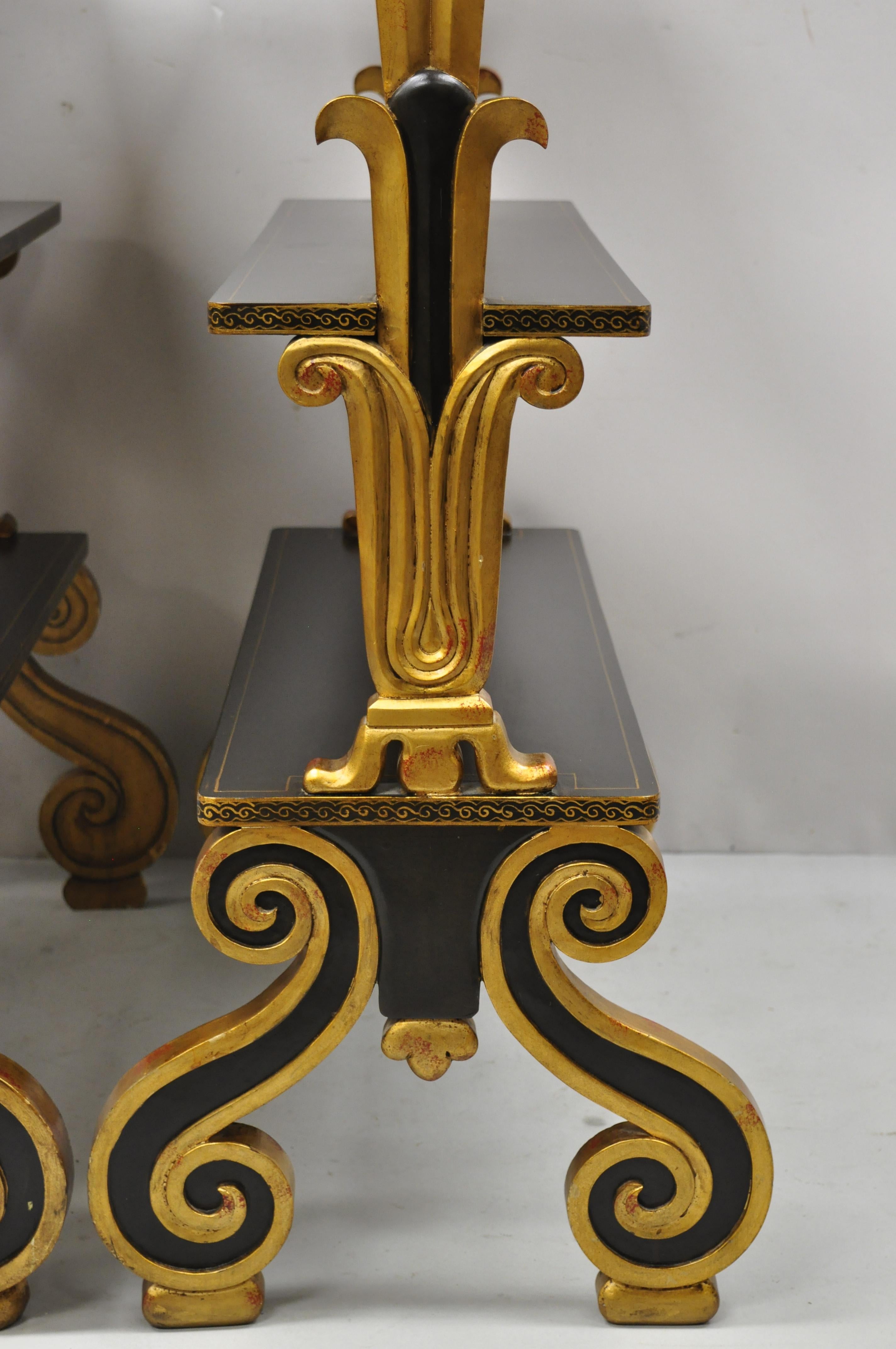 Wood Regency Style Black & Gold 3 Tier Whatnot Stands Bookcase Shelves Curio, a Pair For Sale