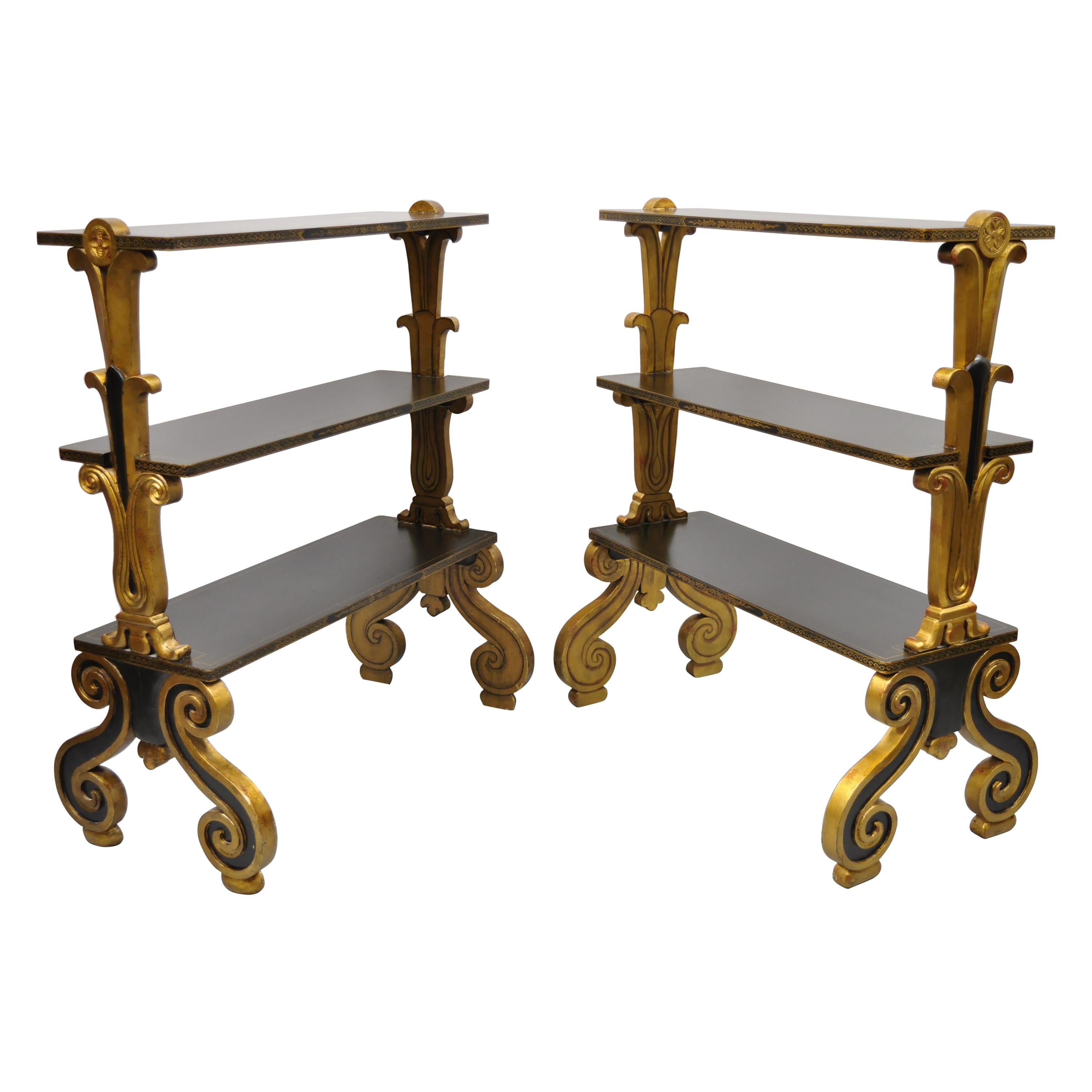 Regency Style Black & Gold 3 Tier Whatnot Stands Bookcase Shelves Curio, a Pair For Sale