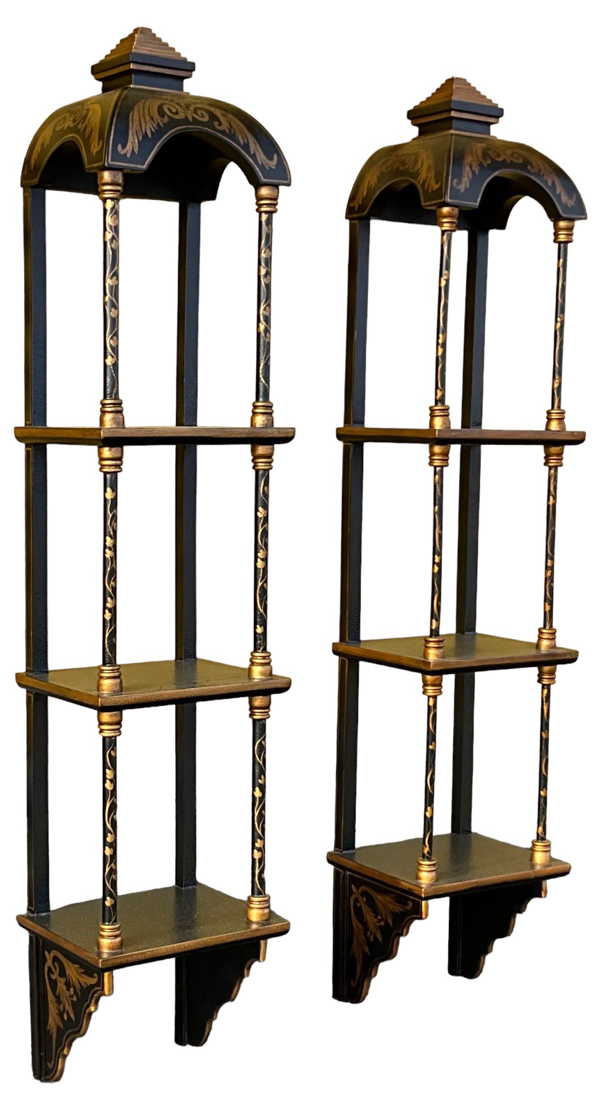 Regency Style Black Lacquer Chinoiserie Wall Shelves Att. Maitland-Smith - Pair In Good Condition In Kennesaw, GA