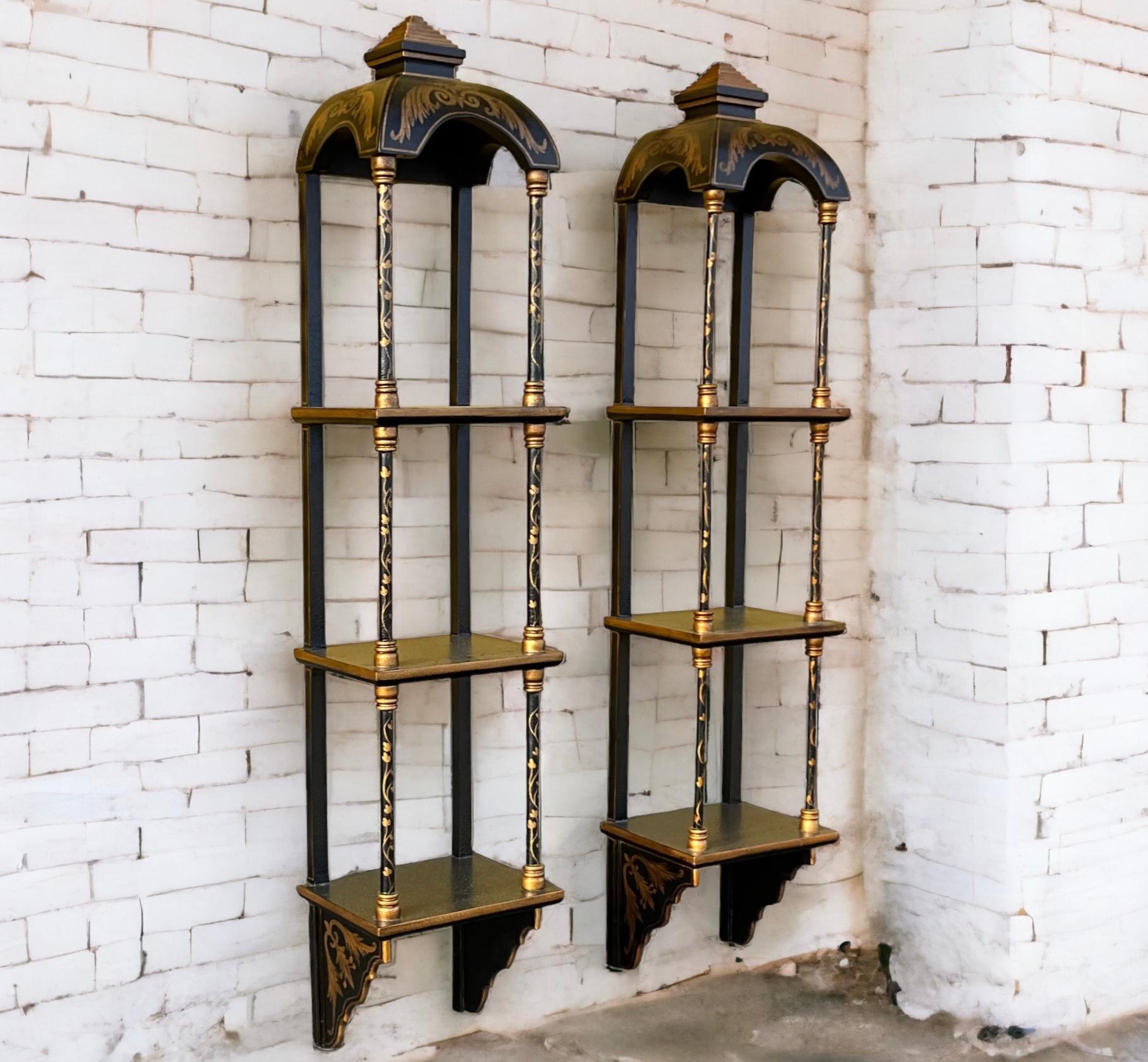 20th Century Regency Style Black Lacquer Chinoiserie Wall Shelves Att. Maitland-Smith - Pair