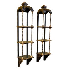 Regency Style Black Lacquer Chinoiserie Wall Shelves Att. Maitland-Smith - Pair