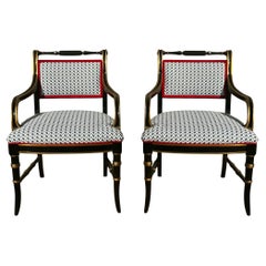 Regency Style Black Lacquer & Gilt Bergere Chairs Att. To Baker Furniture - Pair