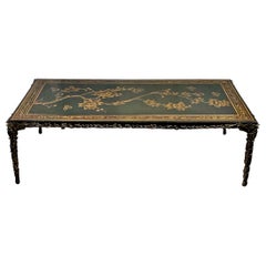 Regency Style Black Lacquer Gilt Chinoiserie Coffee Table W/ Faux Bois Bronze