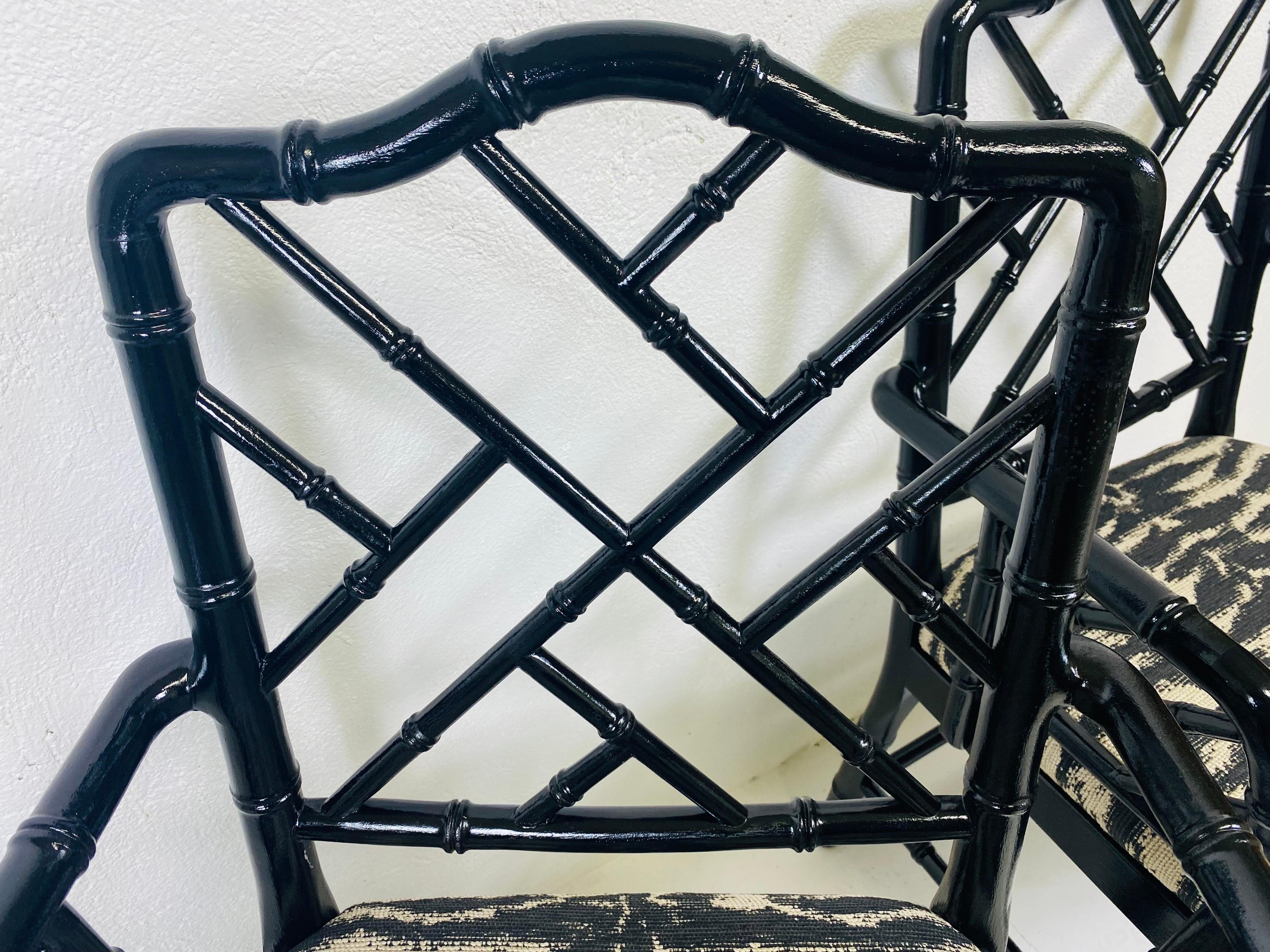 Regency style black Lacquered faux bamboo arm chairs/pair In Good Condition In Allentown, PA