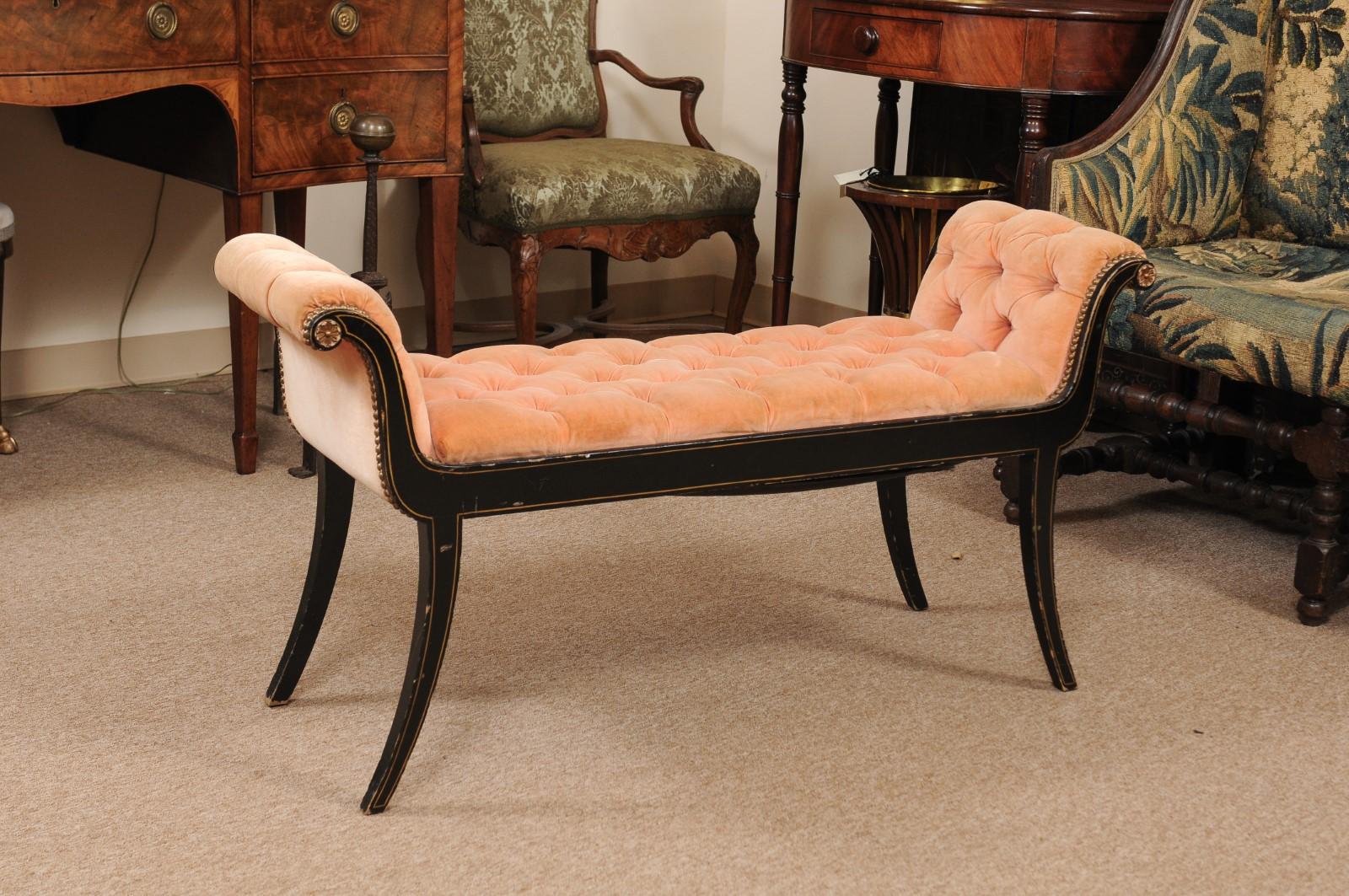 Regency Style Black Painted Bench with Scroll Arms In Good Condition In Atlanta, GA