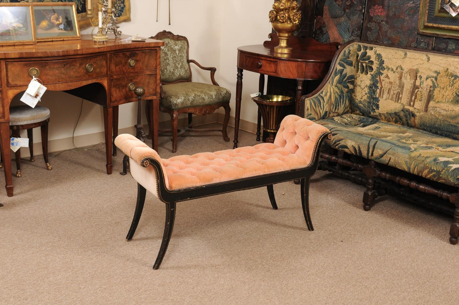 20th Century Regency Style Black Painted Bench with Scroll Arms