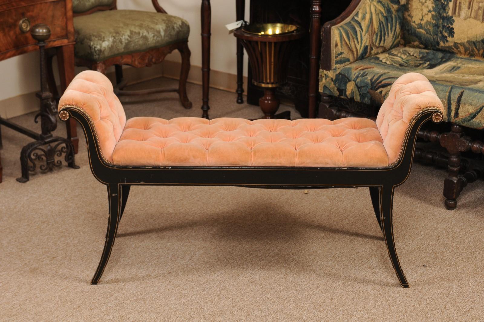 Regency Style Black Painted Bench with Scroll Arms 3