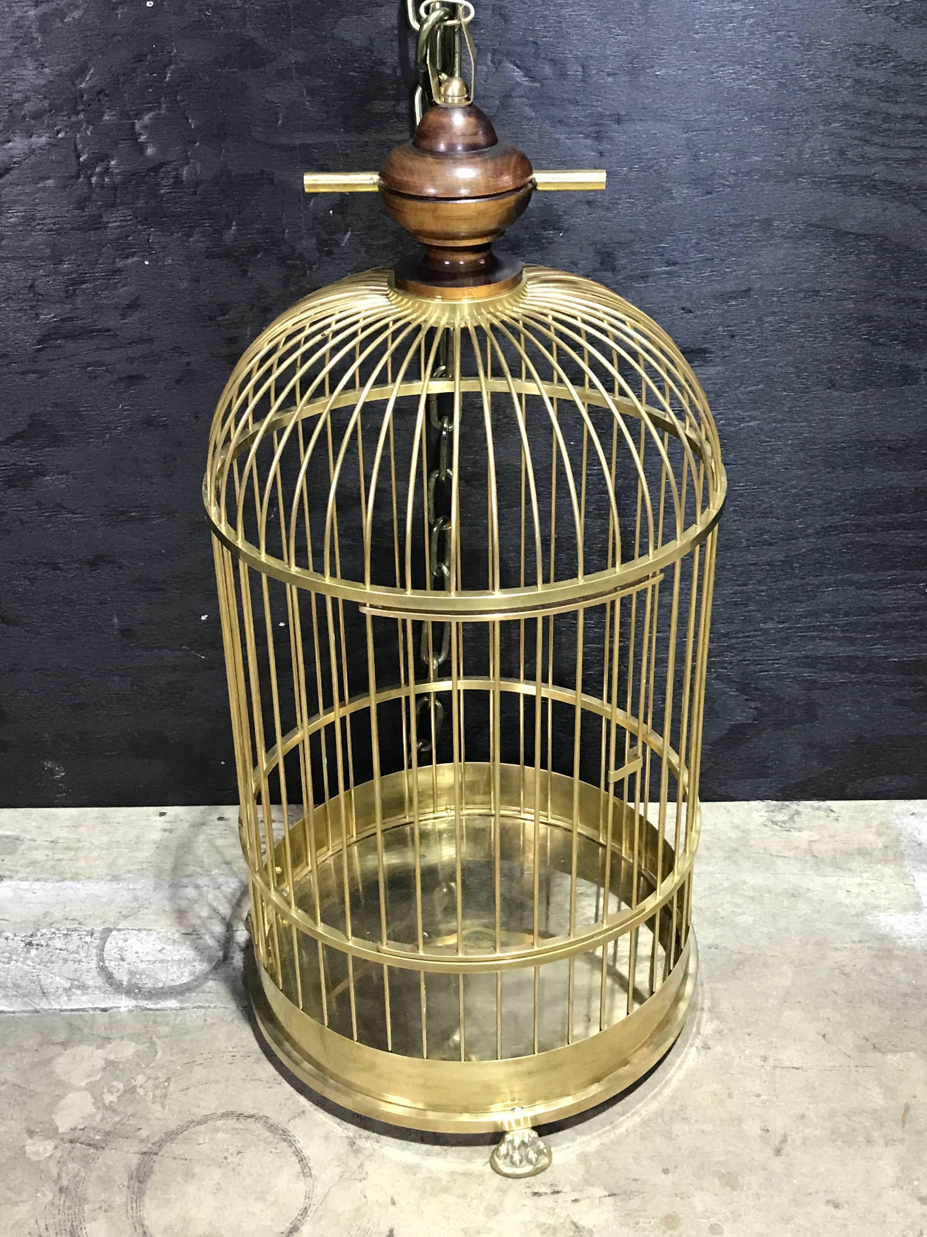Regency style brass and mahogany bird cage with single swing door, raised on three paw feet.