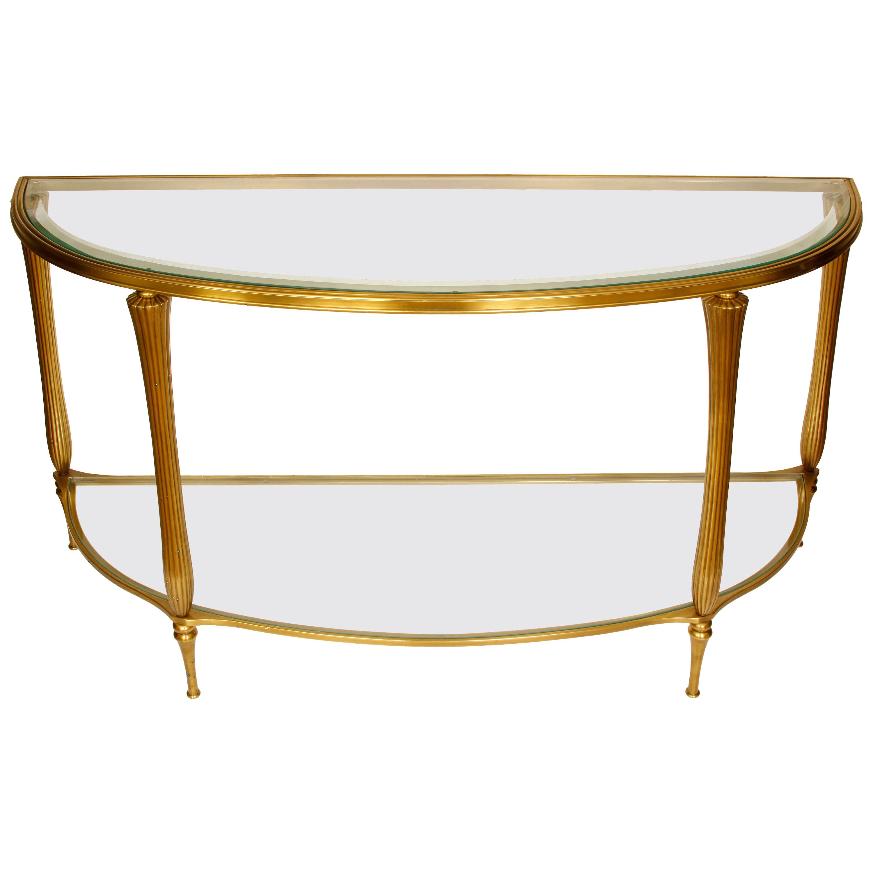 Regency Style Brass and Glass Demilune Console
