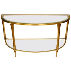 Regency Style Brass and Glass Demilune Console