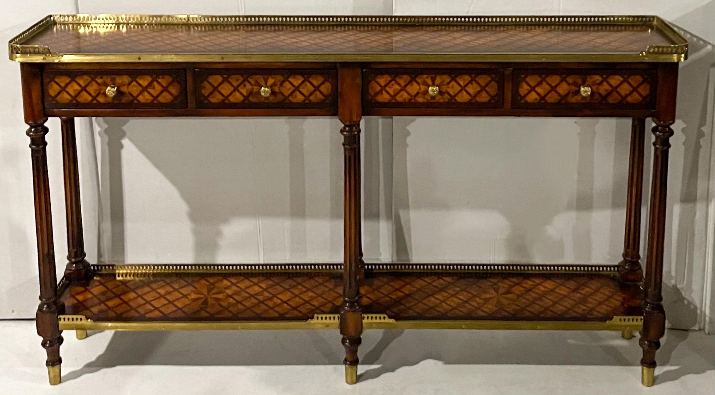 American Regency Style Brass and Mahogany Inlaid Console Table Att. to Theodore Alexander