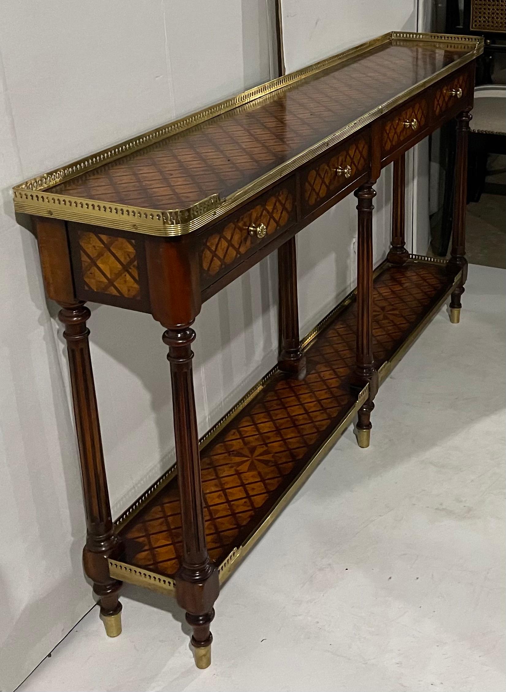 20th Century Regency Style Brass and Mahogany Inlaid Console Table Att. to Theodore Alexander