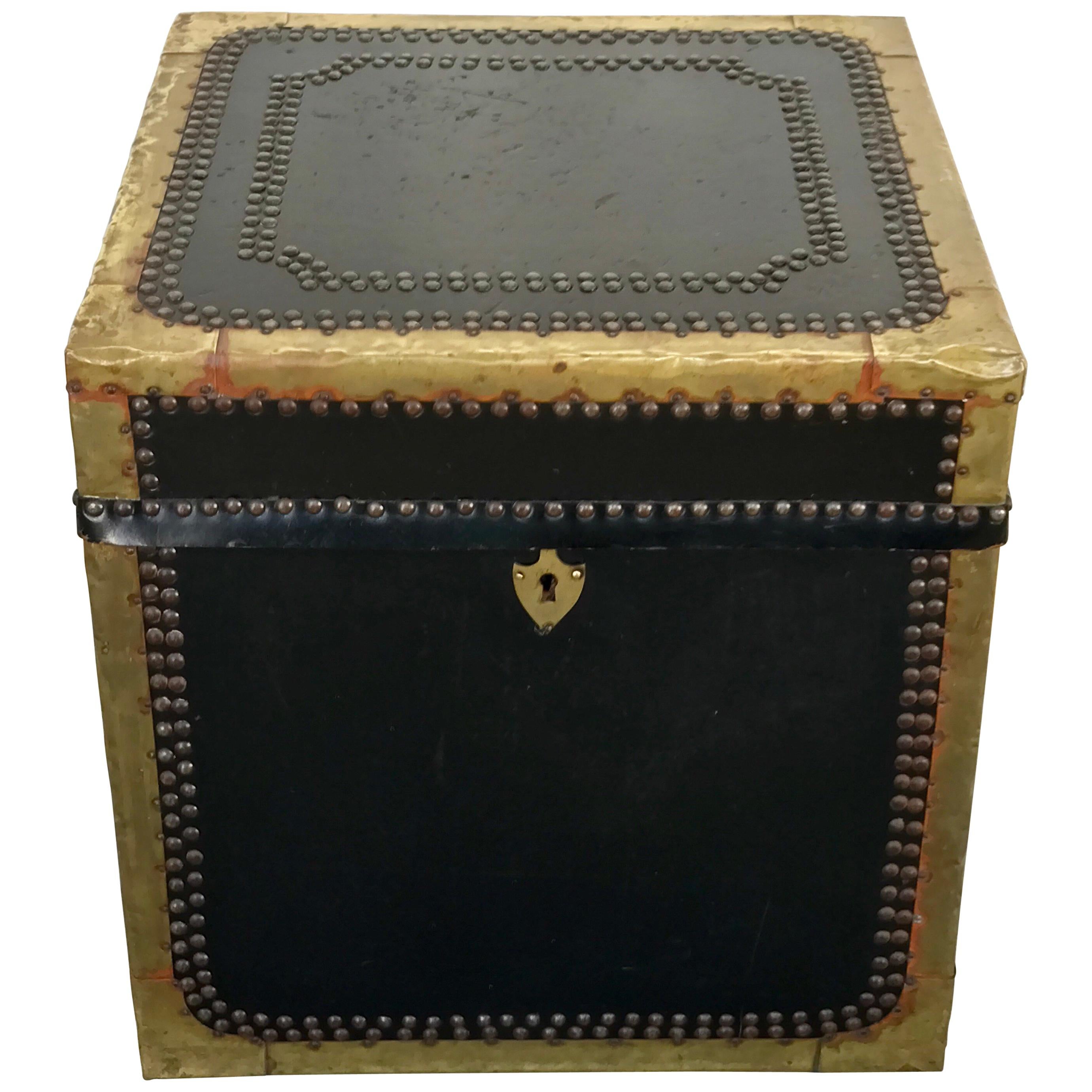 Regency Style Brass-Mounted Leather Cube Trunk For Sale