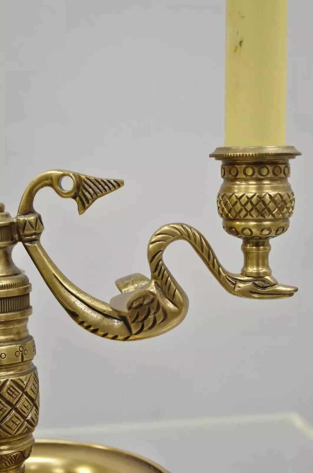 Vintage Regency Style Brass Swans Candlestick Bouillotte Tole Metal Table Lamp (C). Item features 3 decorative candle sticks, brass lower dish, 3 winged swans, solid brass form, very nice vintage item. Circa Late 20th Century. Measurements: 20