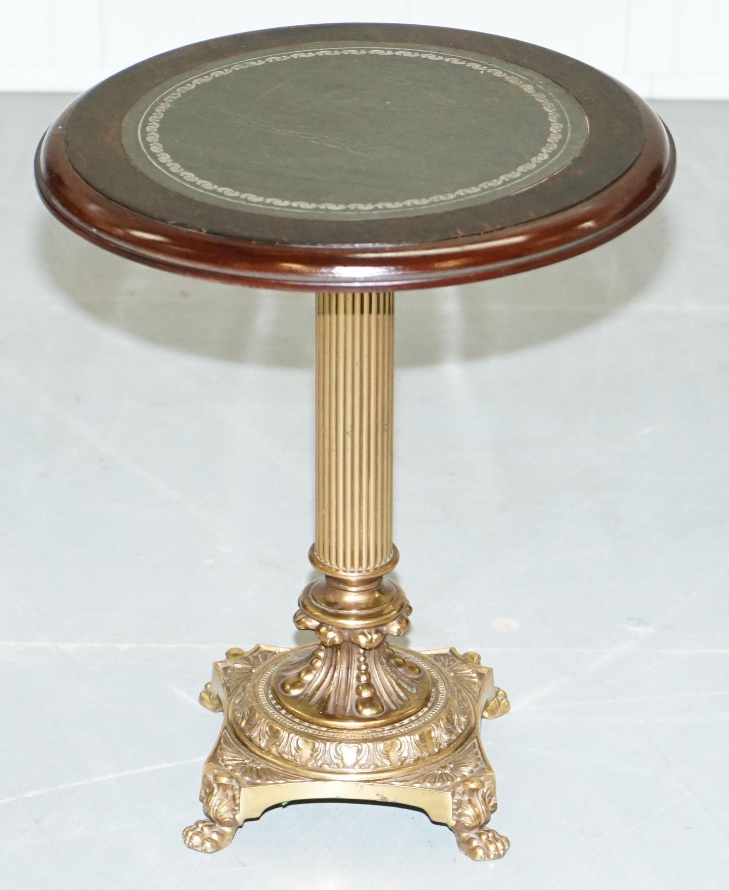 We are delighted to offer for sale this lovely small Regency style brass side table with mahogany and green leather top

A good looking and well made piece, the table is the perfect size for a lamp or drinks, its rare to find brass based furniture