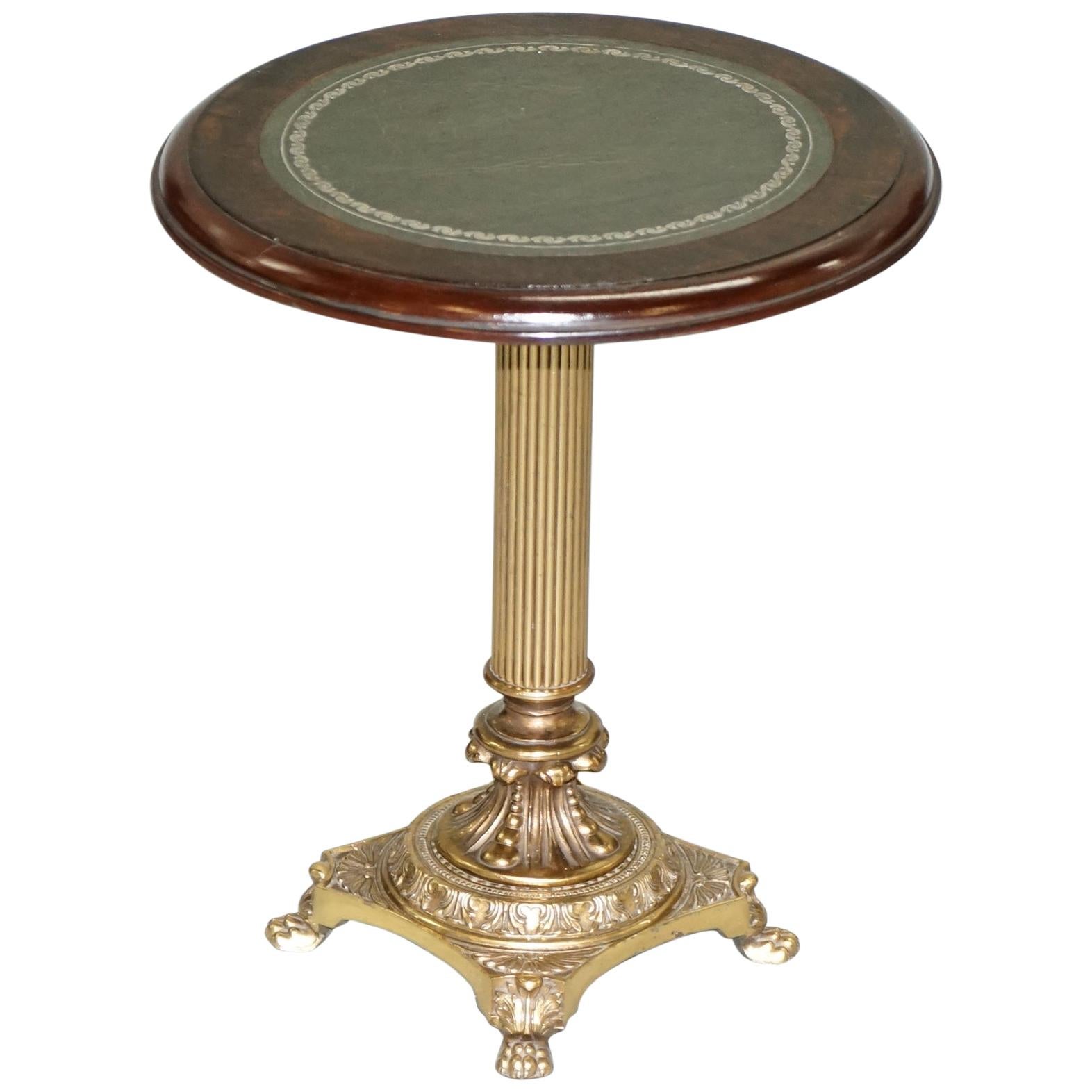 Regency Style Brass Table with Mahogany and Green Leather Top Lamp Wine Side End