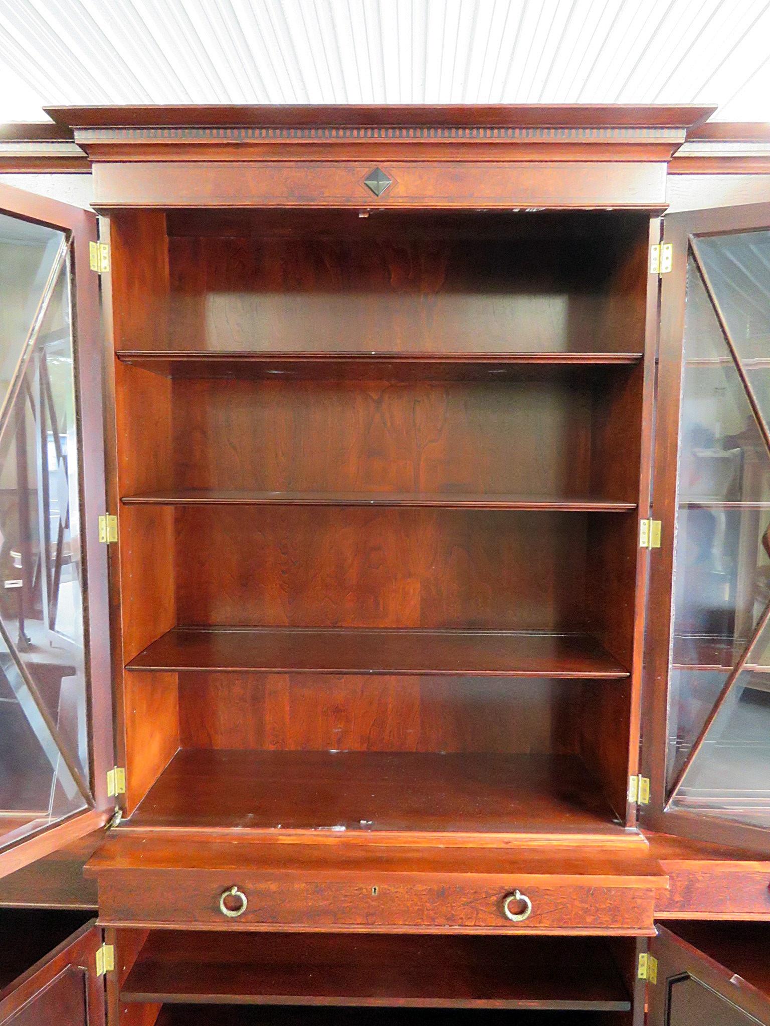 20th Century English Regency Mahogany Breakfront Bookcase China Cabinet 