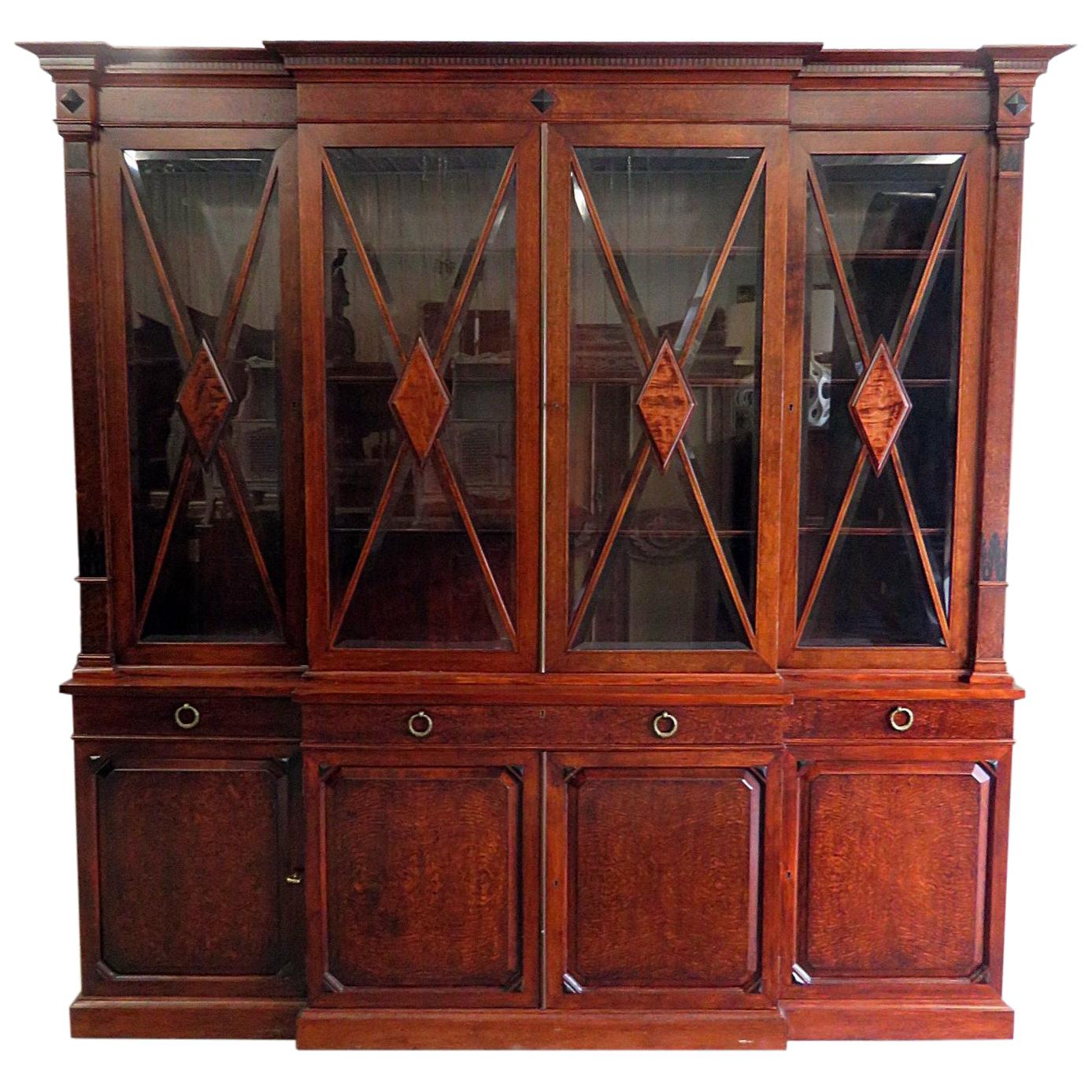 English Regency Mahogany Breakfront Bookcase China Cabinet 