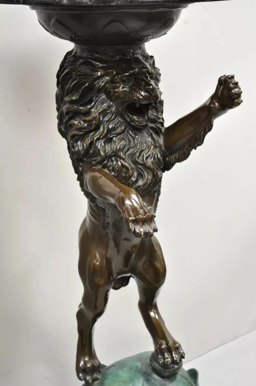 Unknown Regency Style Bronze Lion Figure Marble Top Pedestal Table after P.J Mene, Pair For Sale