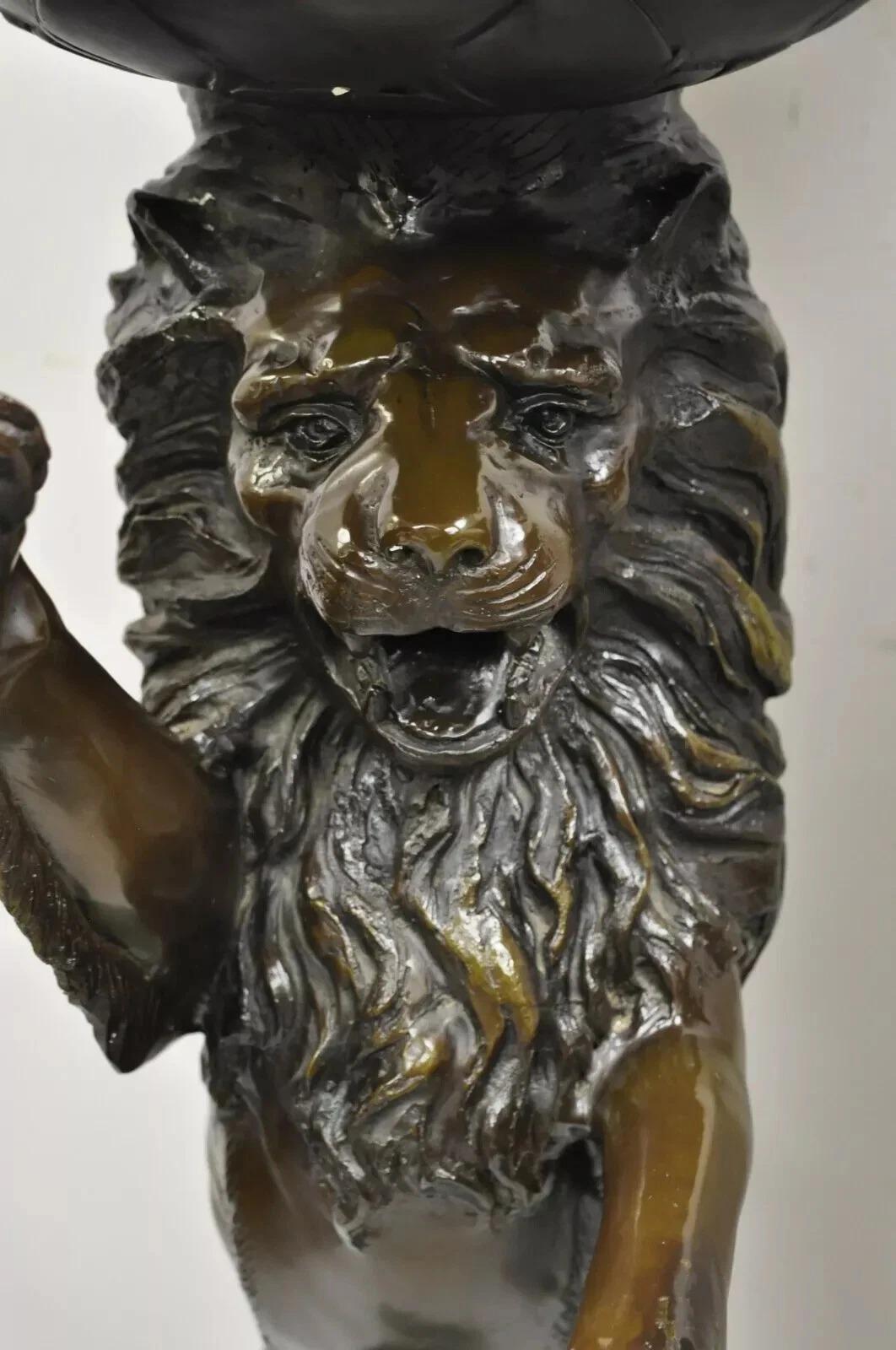 Regency Style Bronze Lion Figure Marble Top Pedestal Table after P.J Mene, Pair In Good Condition For Sale In Philadelphia, PA