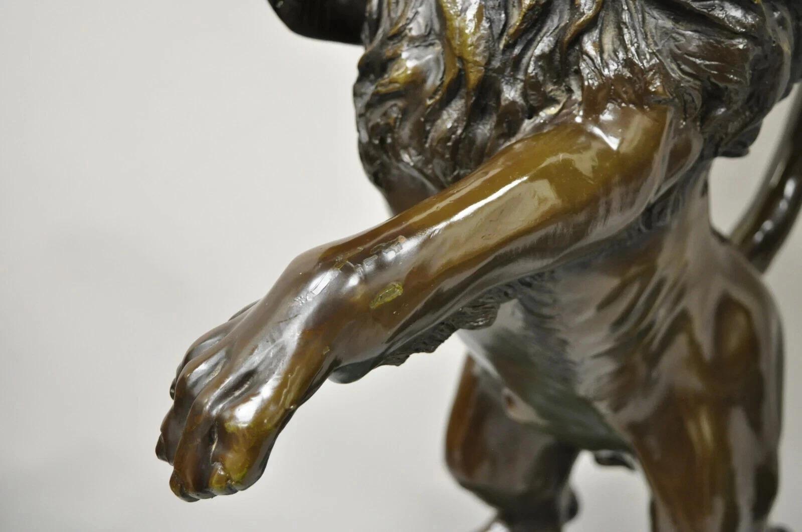 20th Century Regency Style Bronze Lion Figure Marble Top Pedestal Table after P.J Mene, Pair For Sale