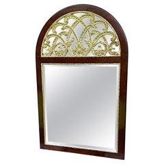 Regency-Style Burl Wood Arch Mirror w/ Antique Silver Carved Crest & Bevel Glass