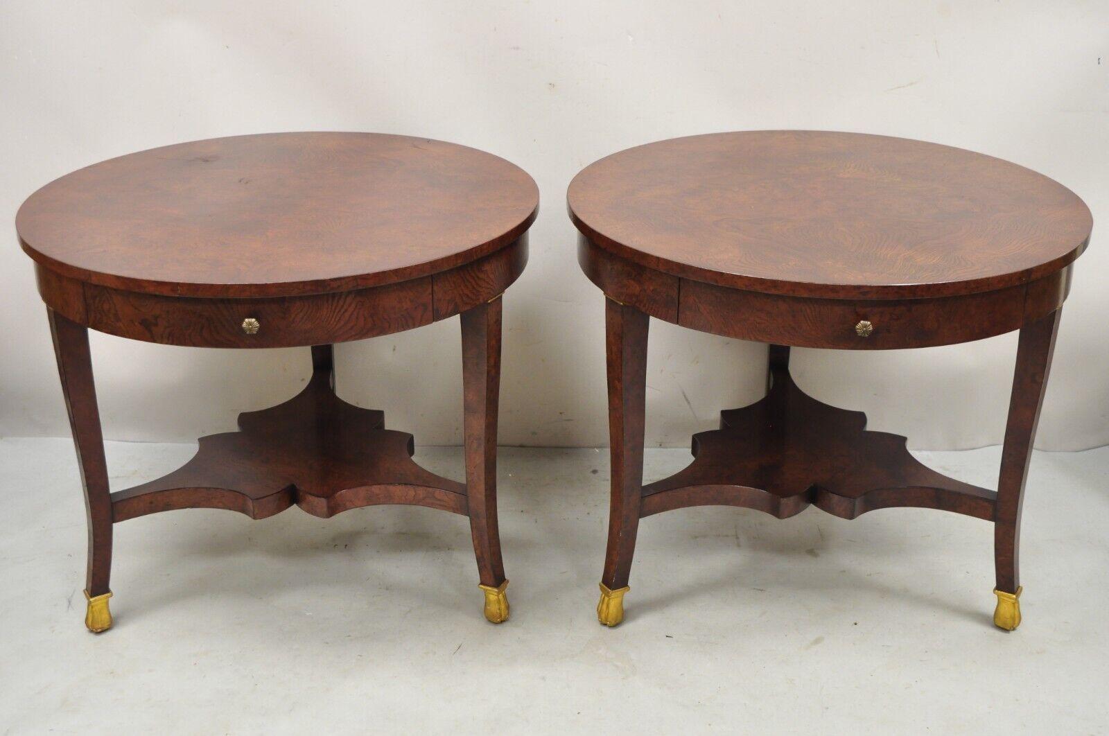 Regency Style Burl Wood Paw Feet Tripod Round Side Tables with Drawer, a Pair 8