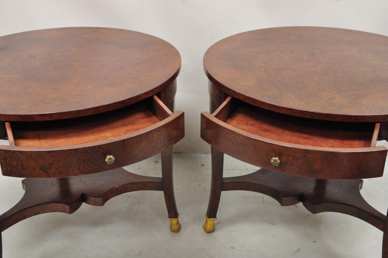 Regency Style Burl Wood Paw Feet Tripod Round Side Tables with Drawer, a Pair In Good Condition In Philadelphia, PA