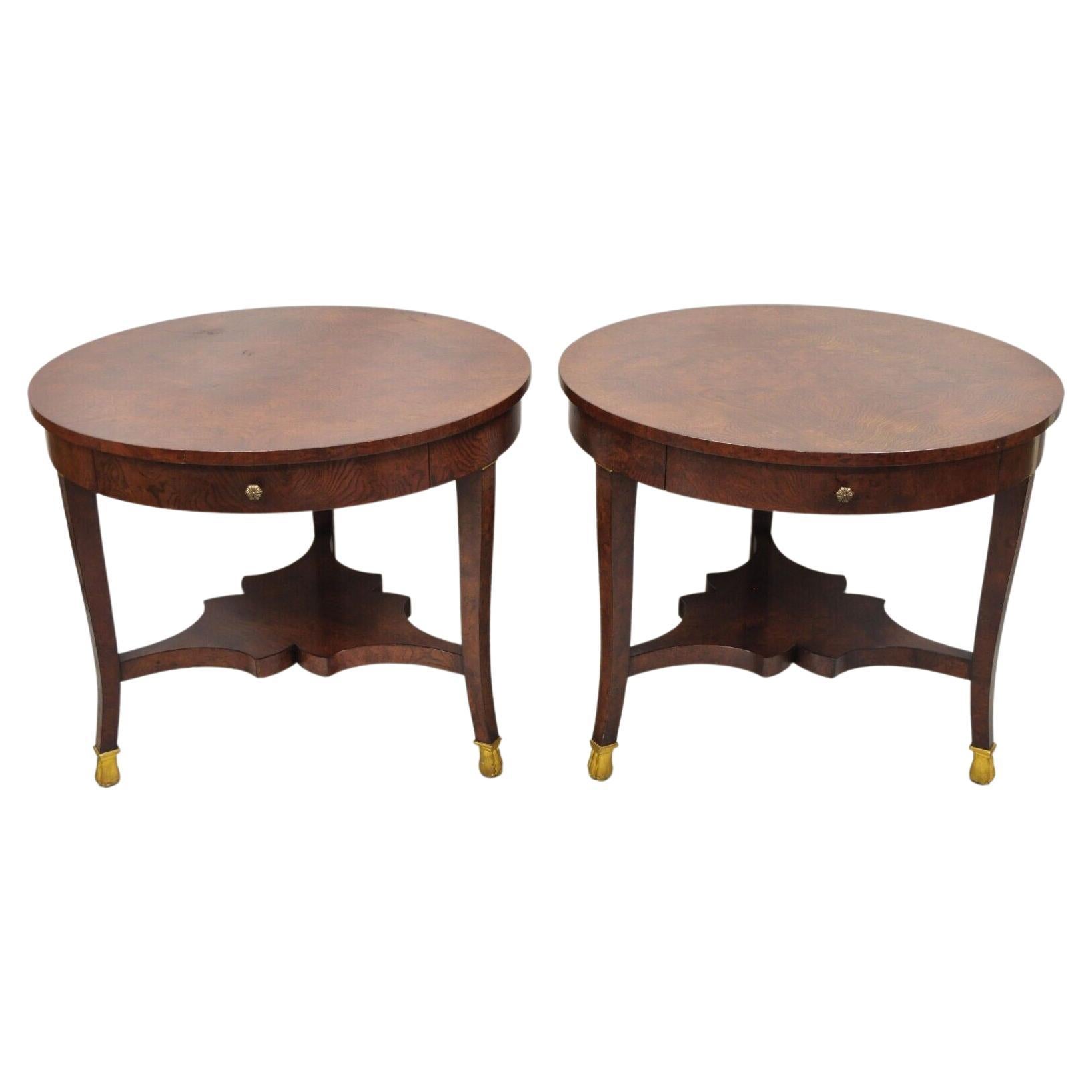 Regency Style Burl Wood Paw Feet Tripod Round Side Tables with Drawer, a Pair