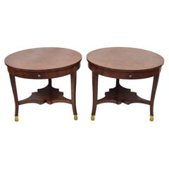 Regency Style Burl Wood Paw Feet Tripod Round Side Tables with Drawer, a Pair