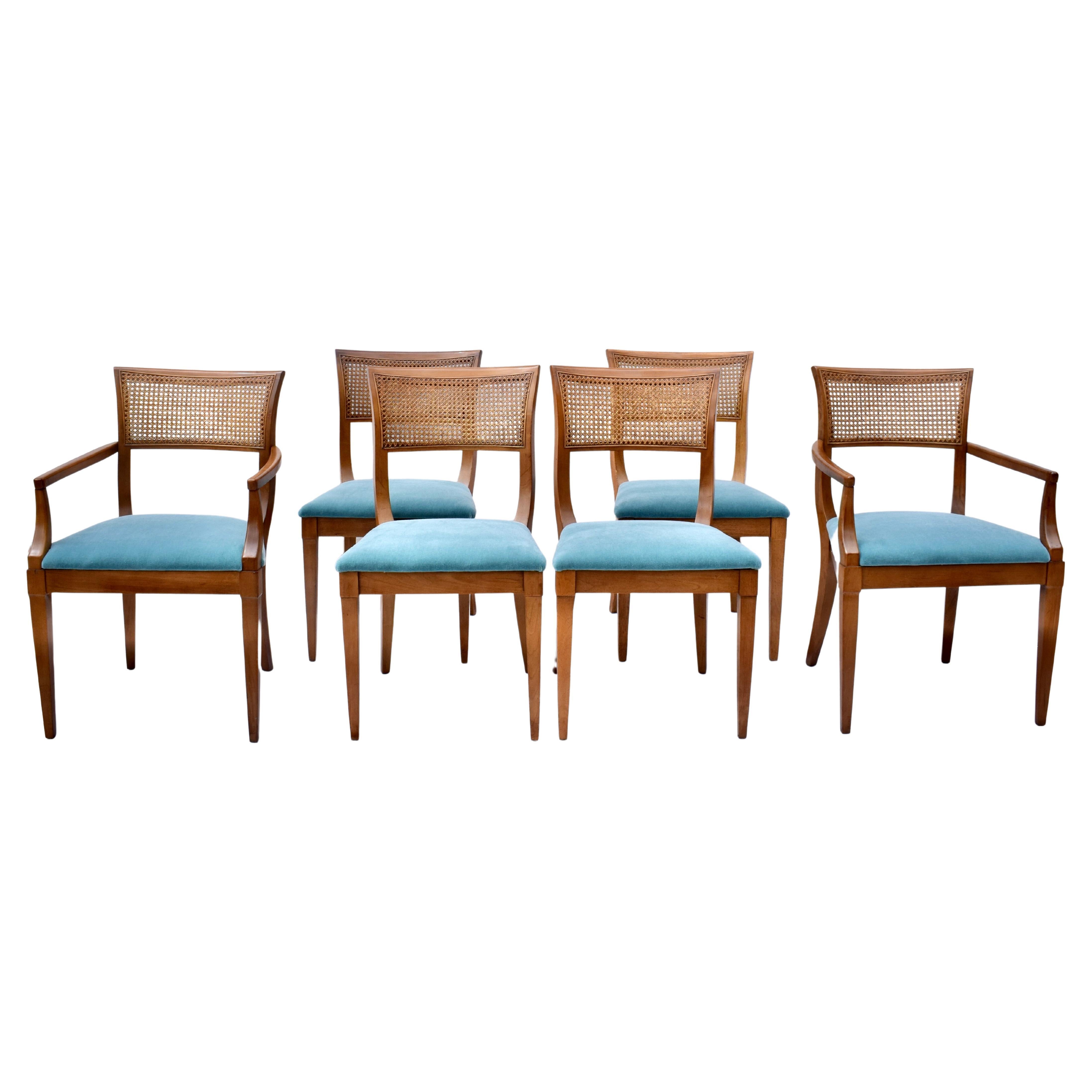 American Regency Style Caned Back Dining Chairs in Teal Mohair