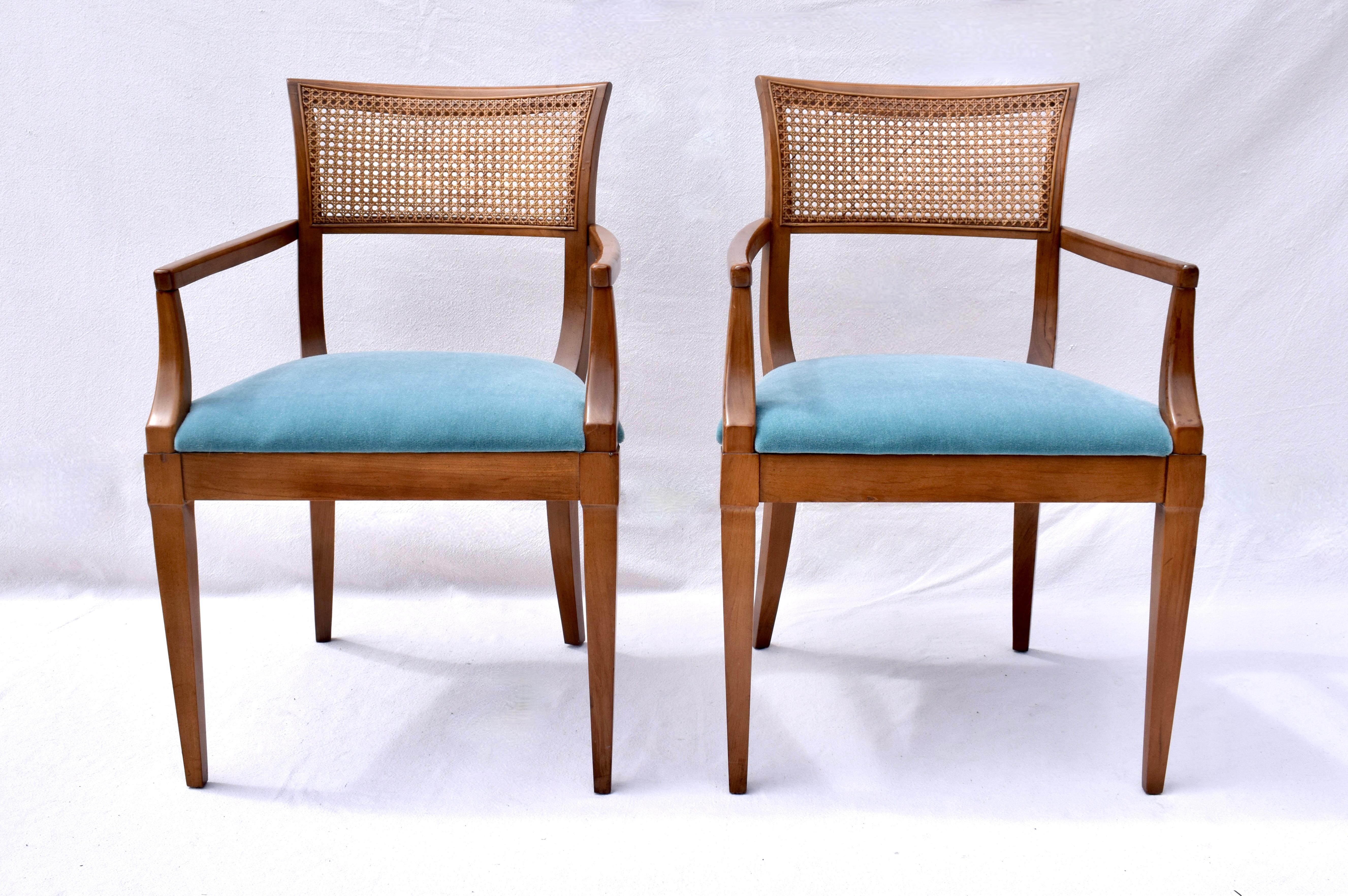 Regency Style Caned Back Dining Chairs in Teal Mohair In Good Condition In Southampton, NJ