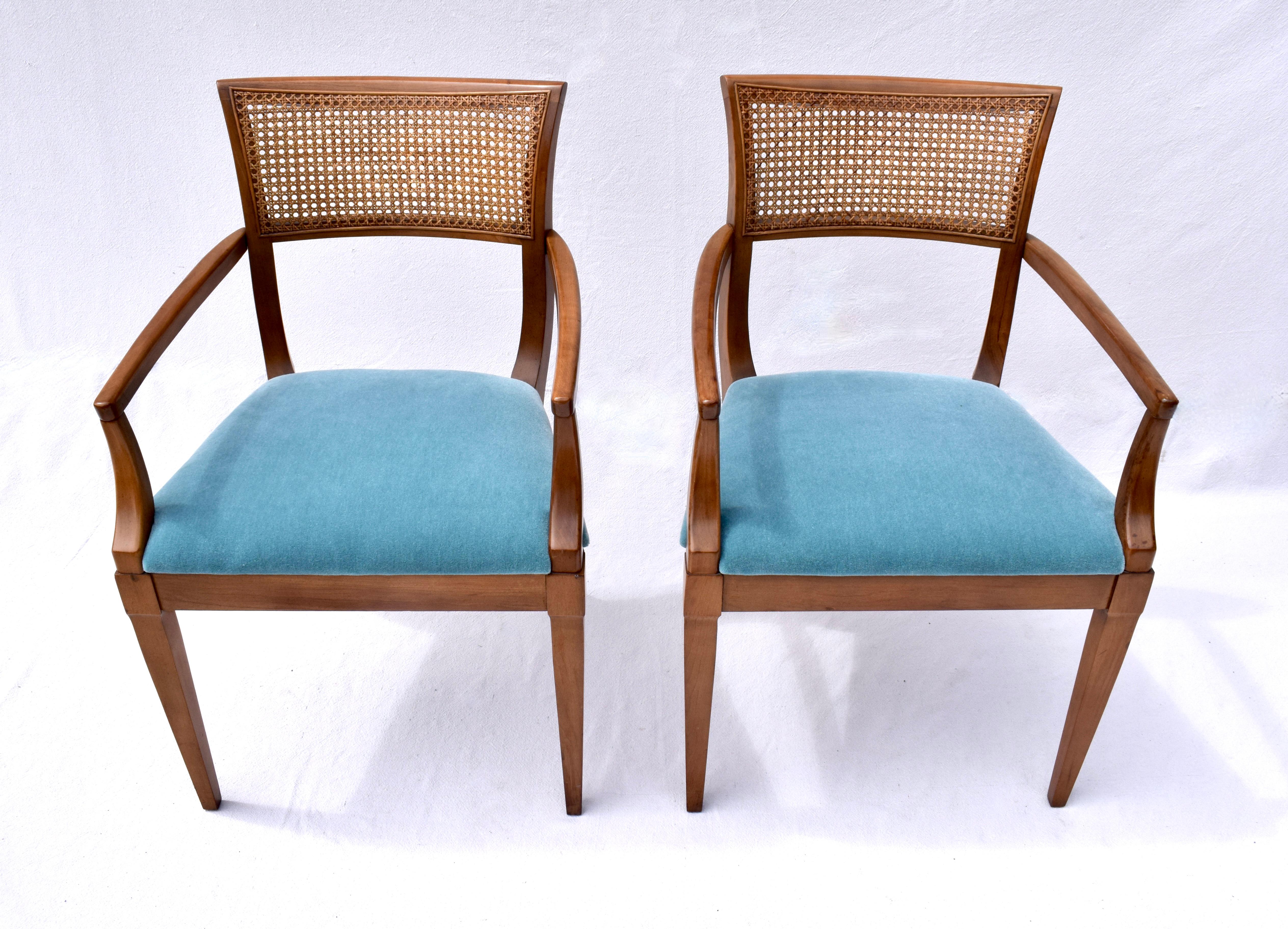 20th Century Regency Style Caned Back Dining Chairs in Teal Mohair