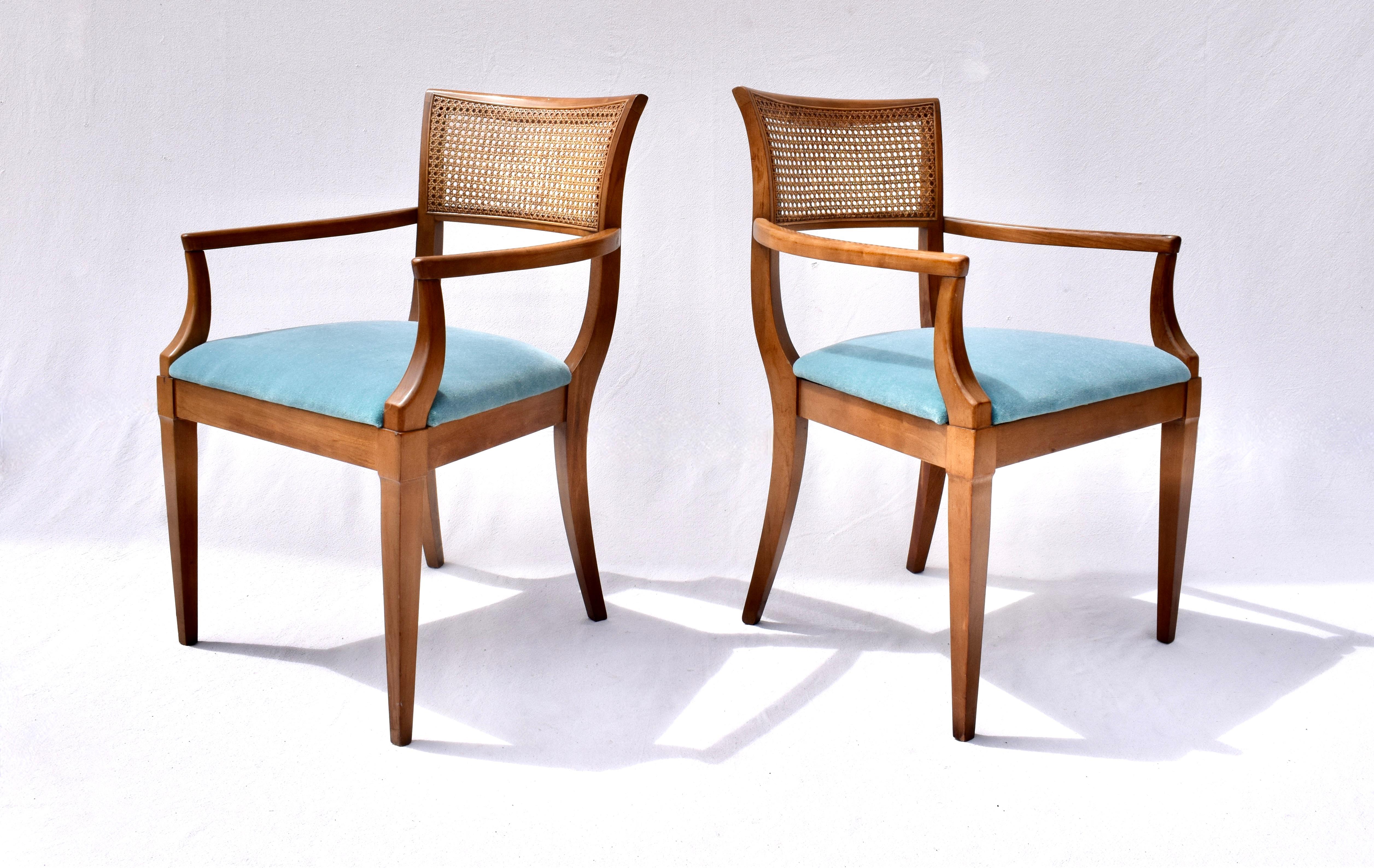 Regency Style Caned Back Dining Chairs in Teal Mohair 1