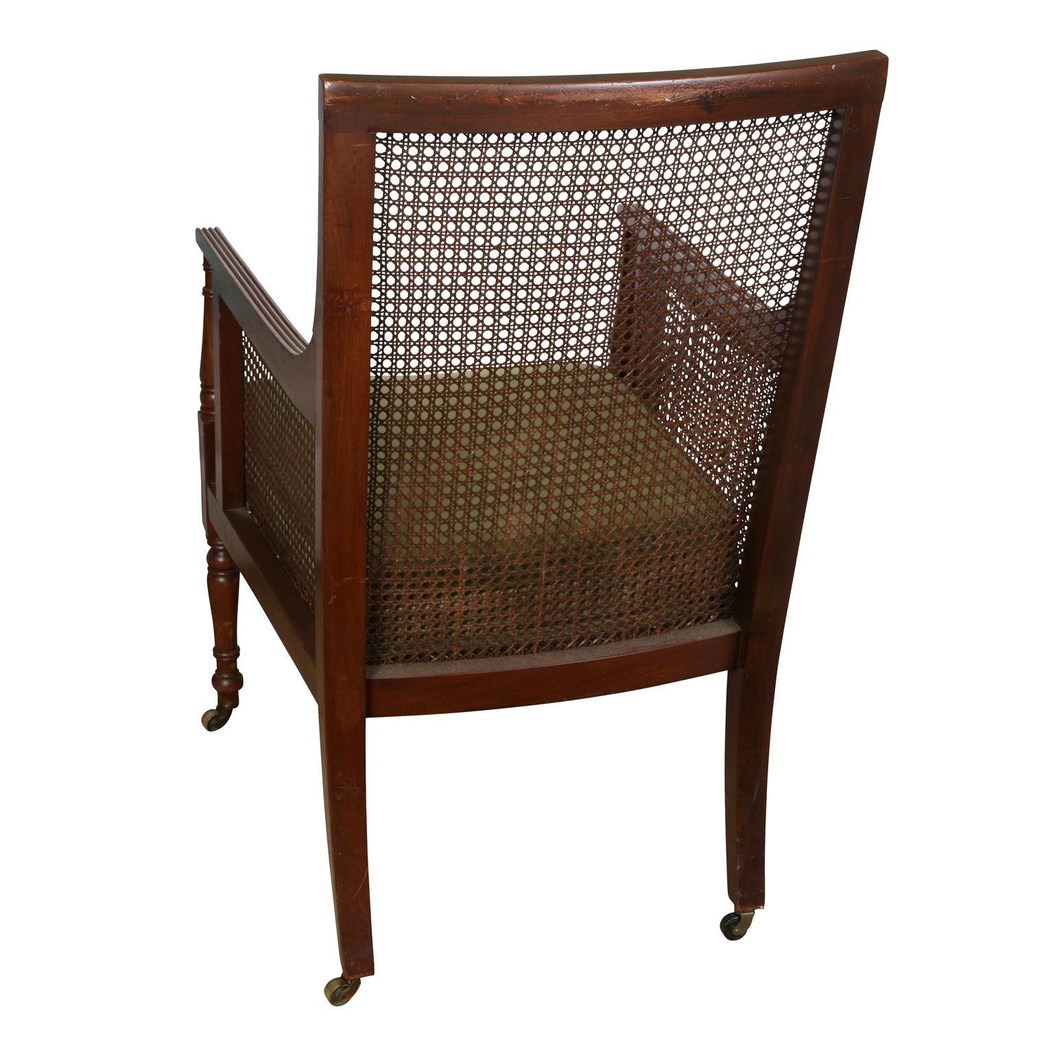 Regency Style Caned Library Chair With Green Velvet Seat In Good Condition For Sale In Locust Valley, NY