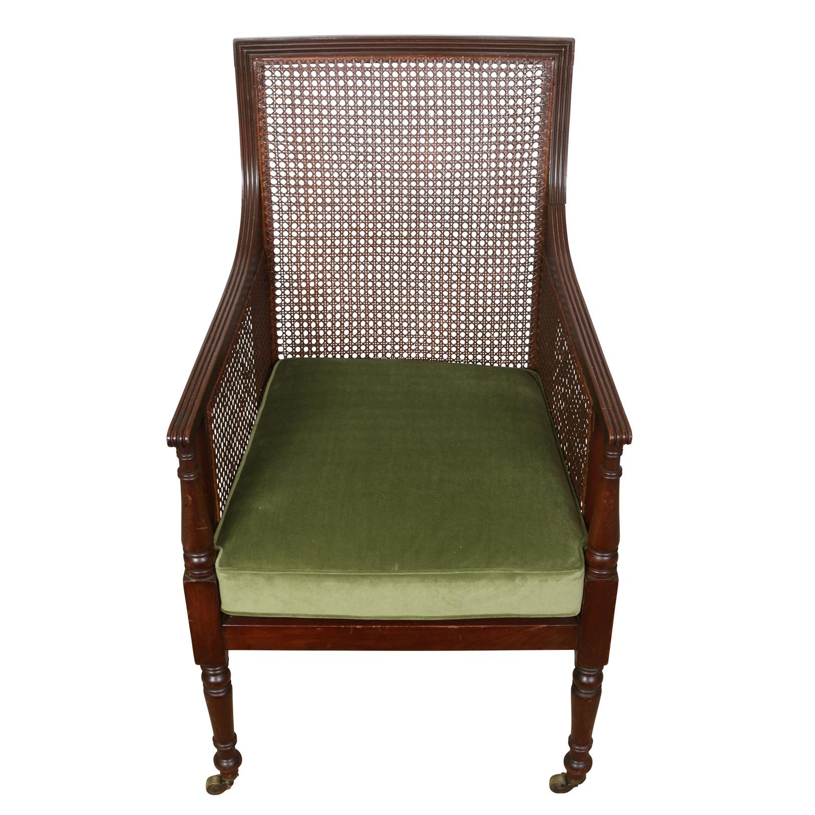 20th Century Regency Style Caned Library Chair With Green Velvet Seat For Sale