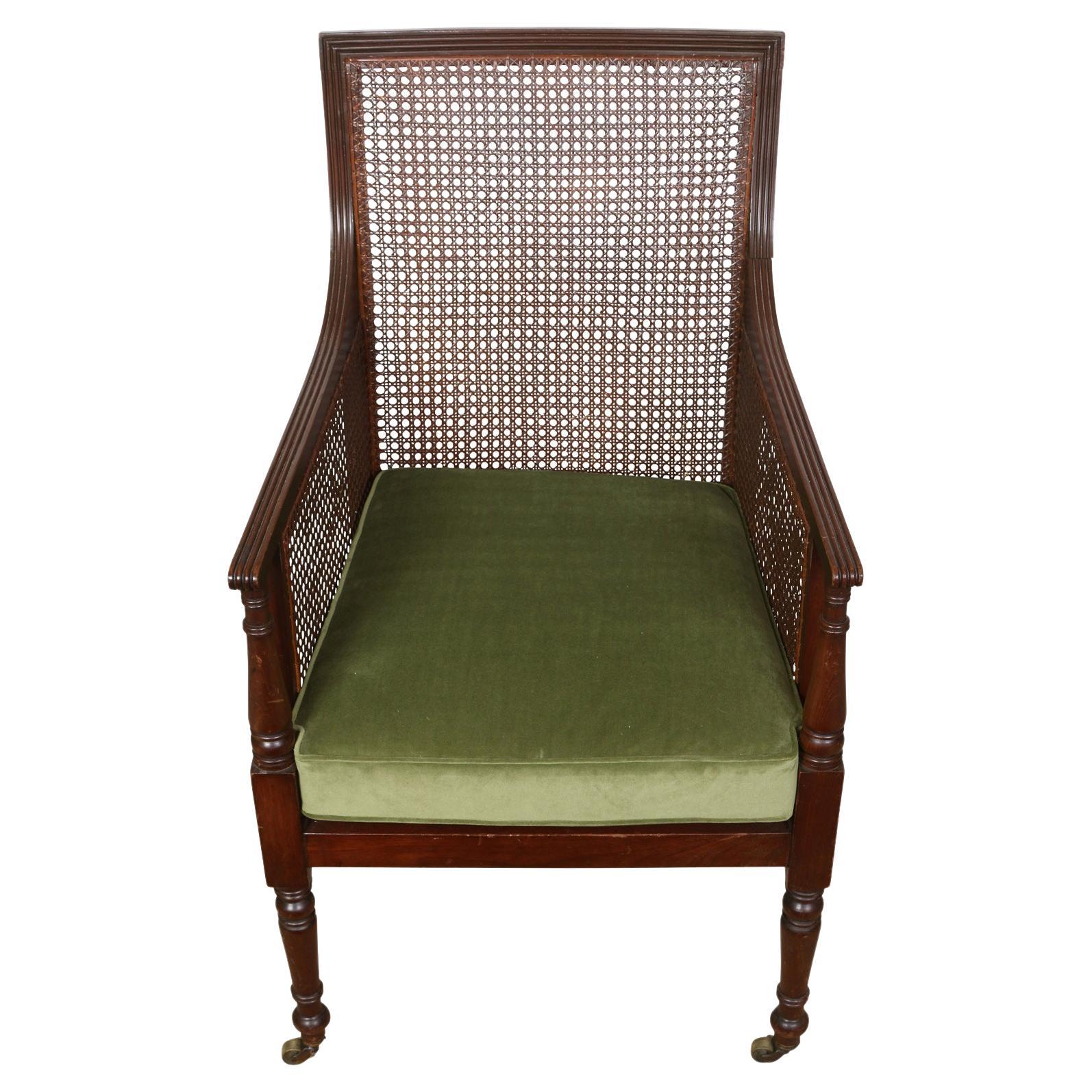 Regency Style Caned Library Chair With Green Velvet Seat
