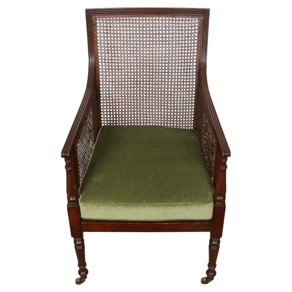 Regency Style Caned Library Chair With Green Velvet Seat For Sale at ...