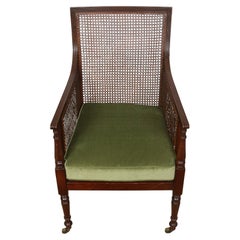 Regency Style Caned Library Chair With Green Velvet Seat