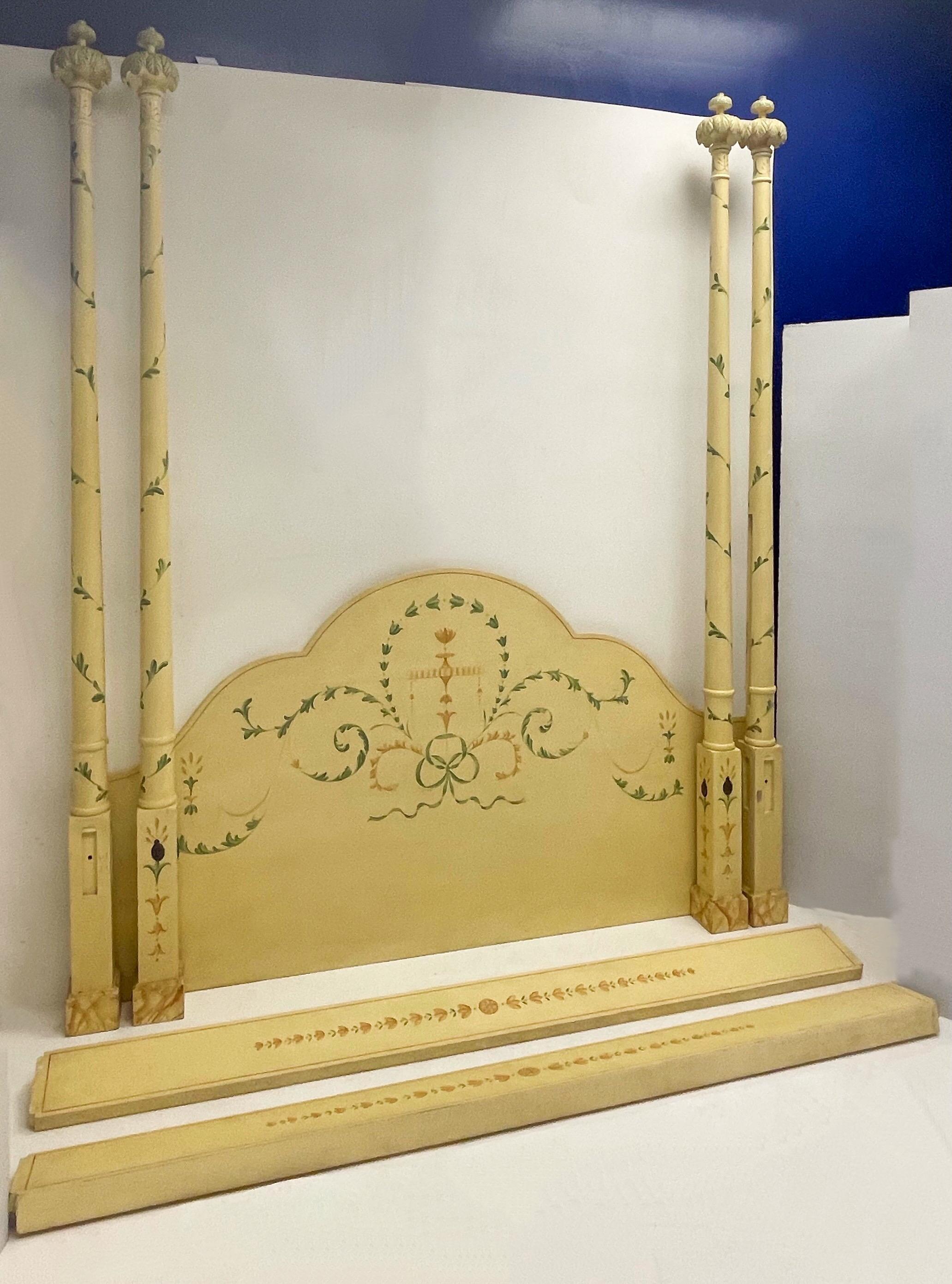 Italian Regency Style Carved and Painted Four Poster Tester Bed with Palm Fronds, King