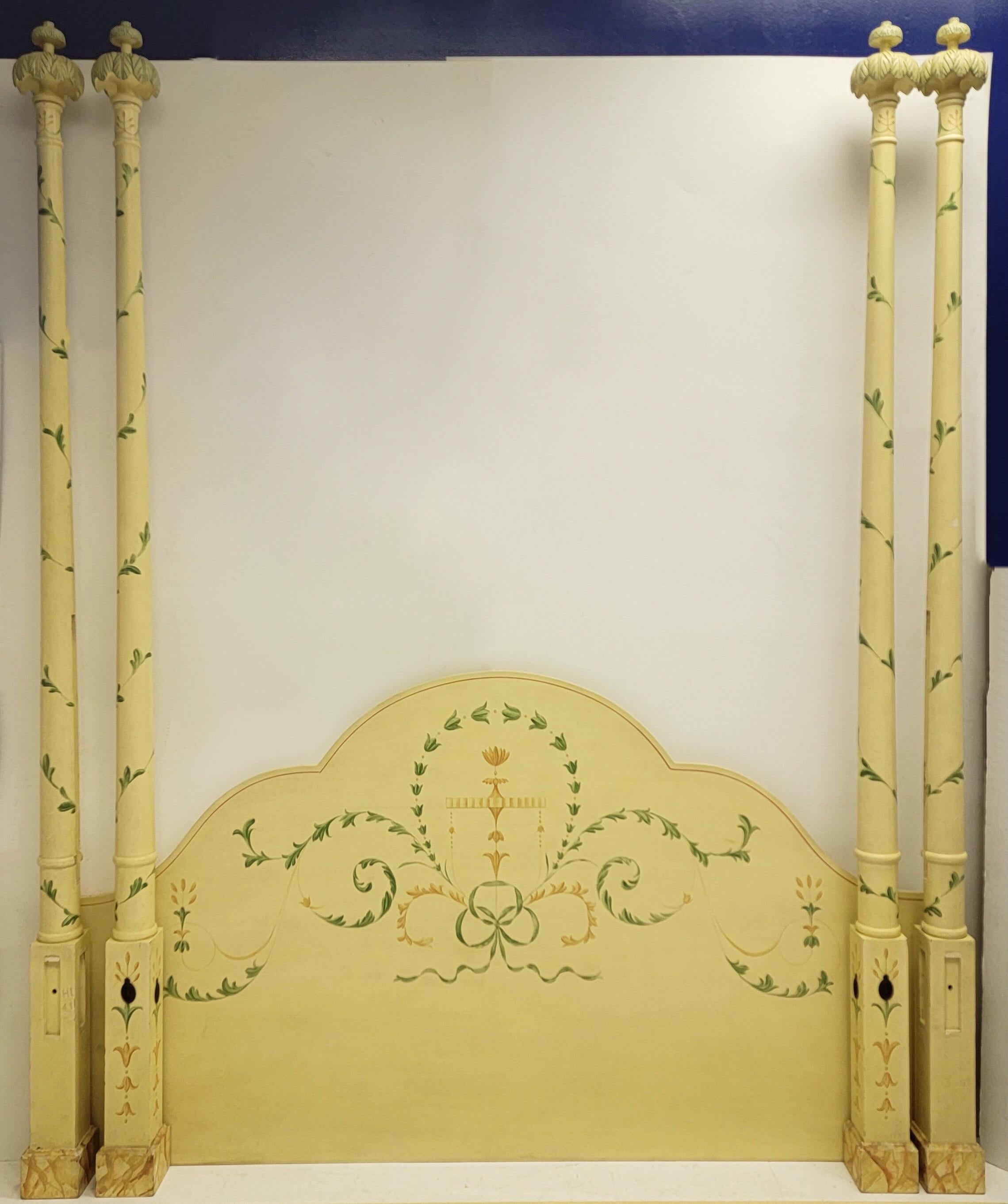 Regency Style Carved and Painted Four Poster Tester Bed with Palm Fronds, King In Good Condition In Kennesaw, GA