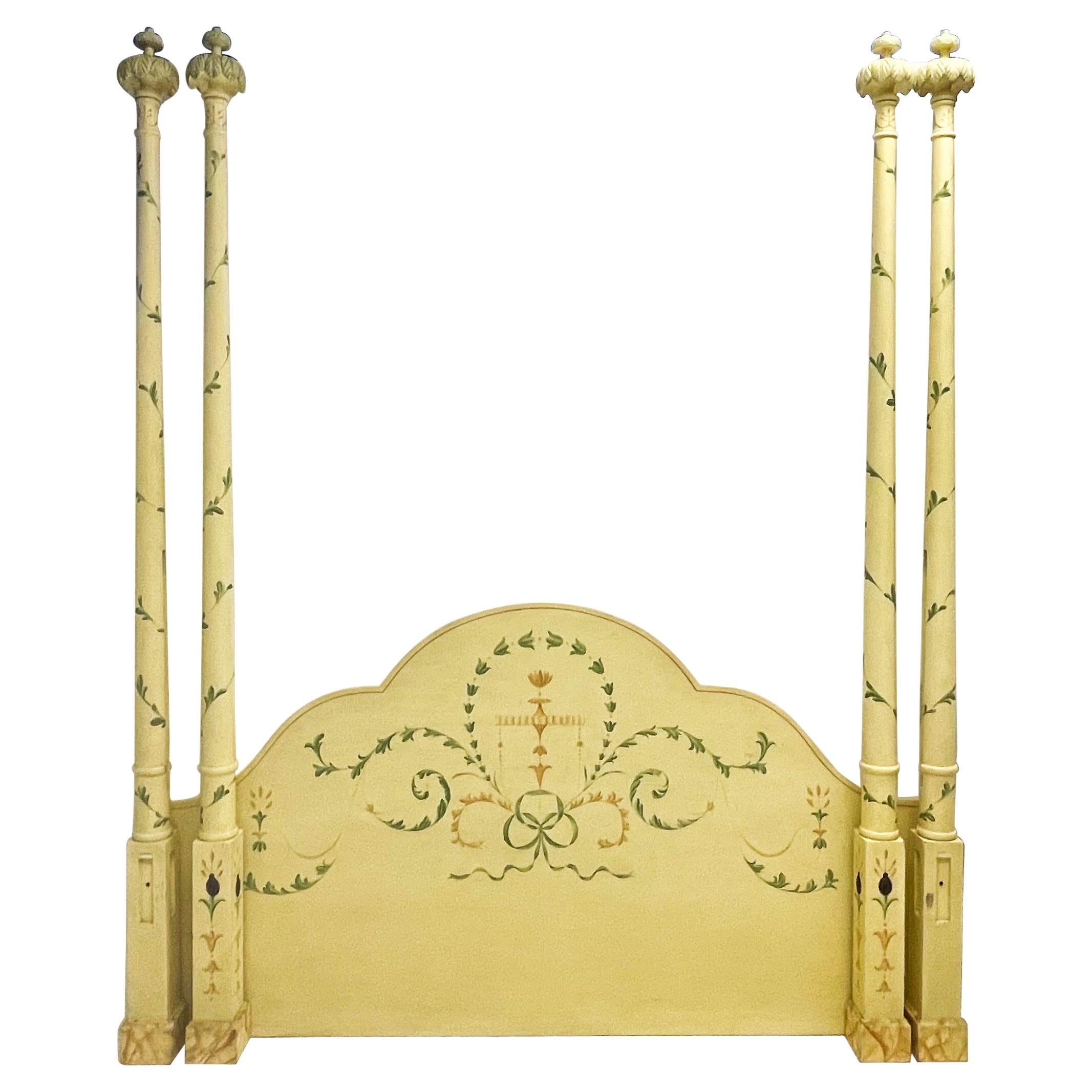 Regency Style Carved and Painted Four Poster Tester Bed with Palm Fronds, King