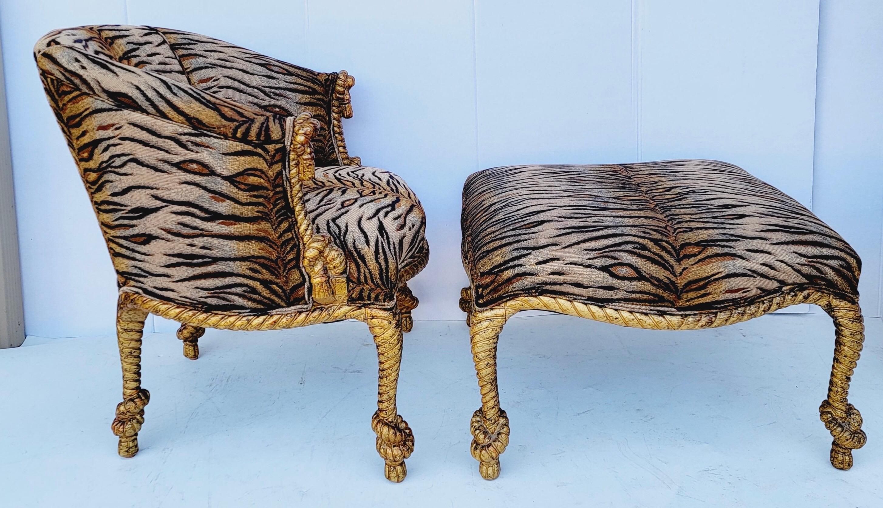 Regency Style Carved Giltwood Italian Rope Chair and Ottoman In Good Condition In Kennesaw, GA