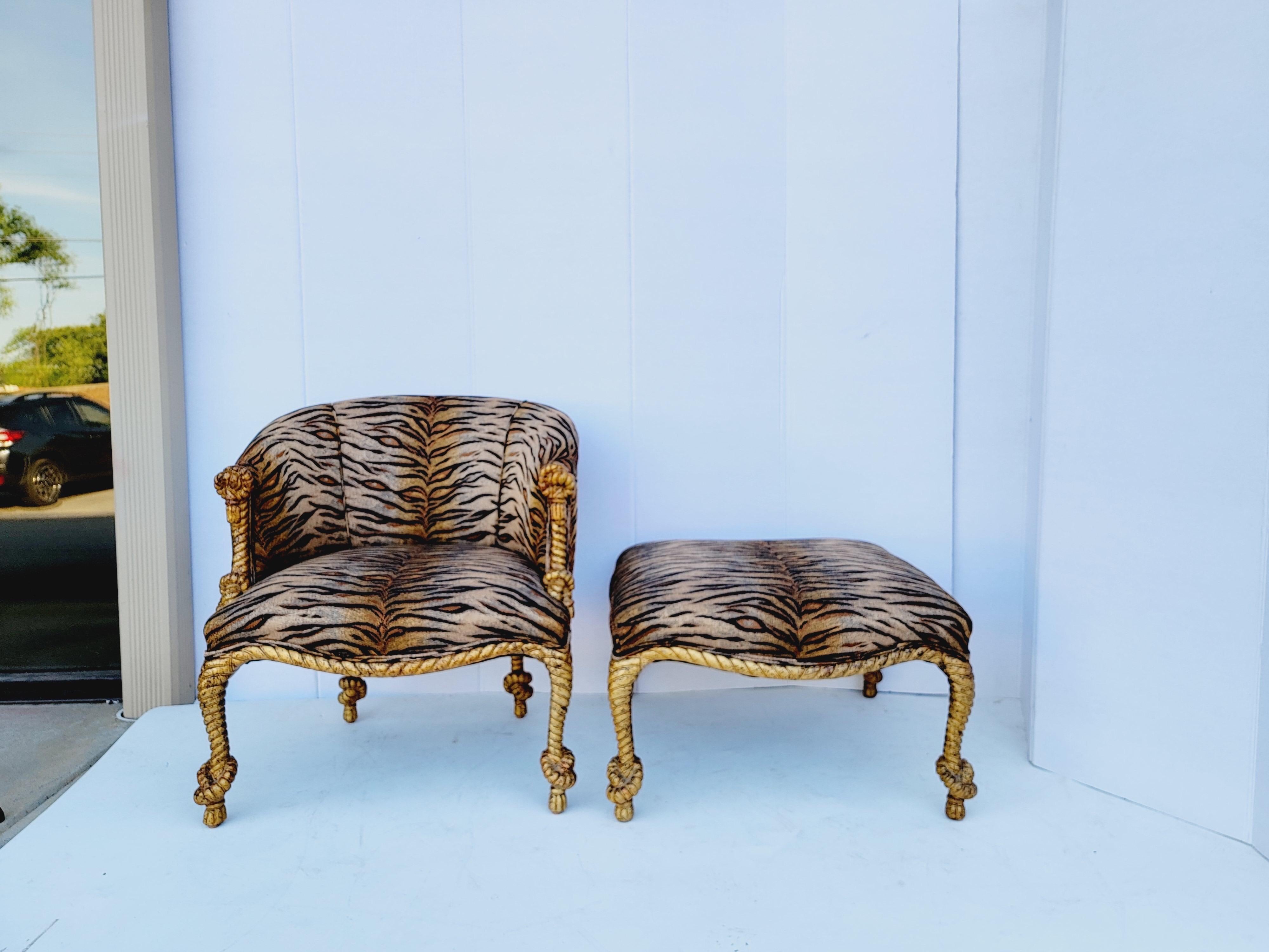 Regency Style Carved Giltwood Italian Rope Chair and Ottoman 1