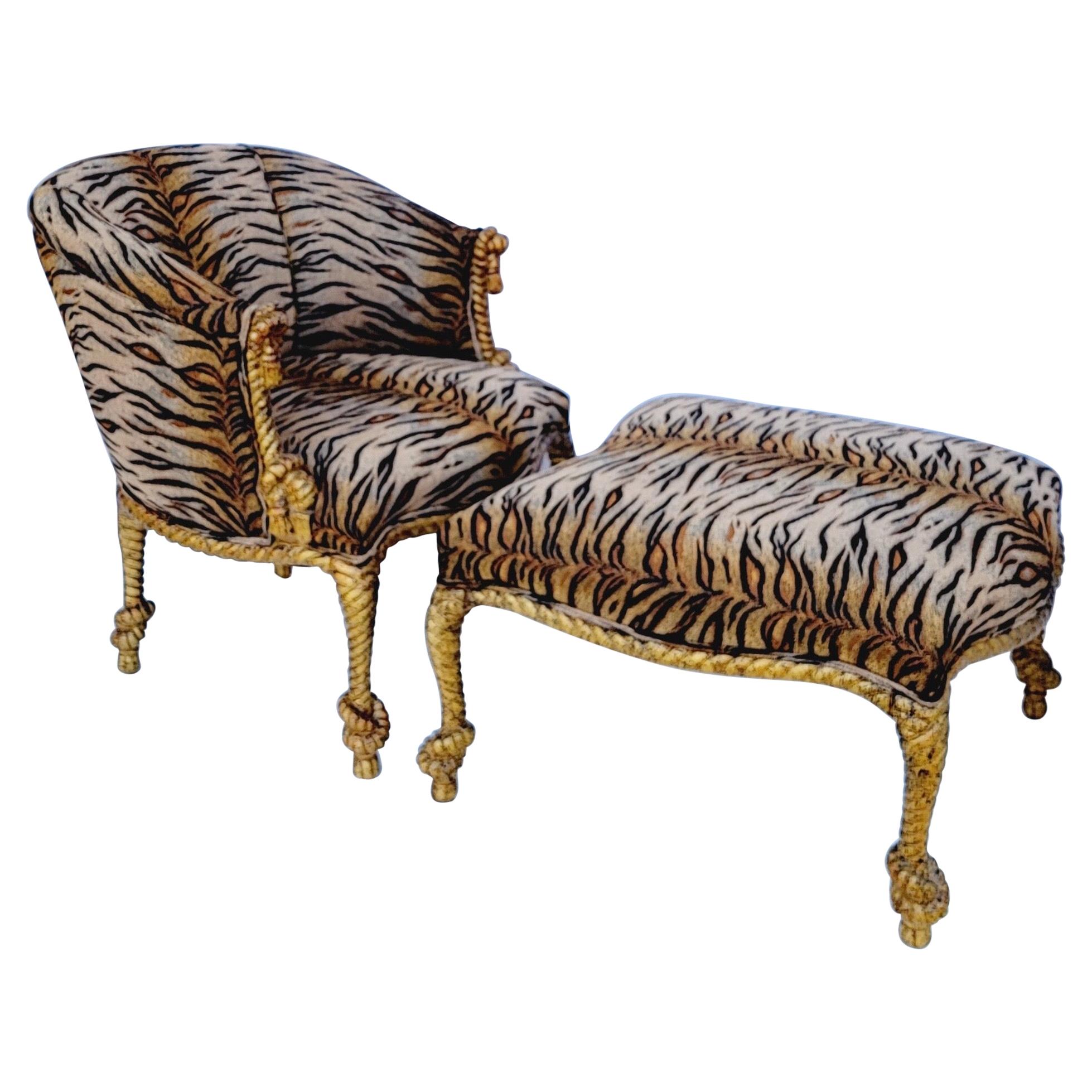 Regency Style Carved Giltwood Italian Rope Chair and Ottoman