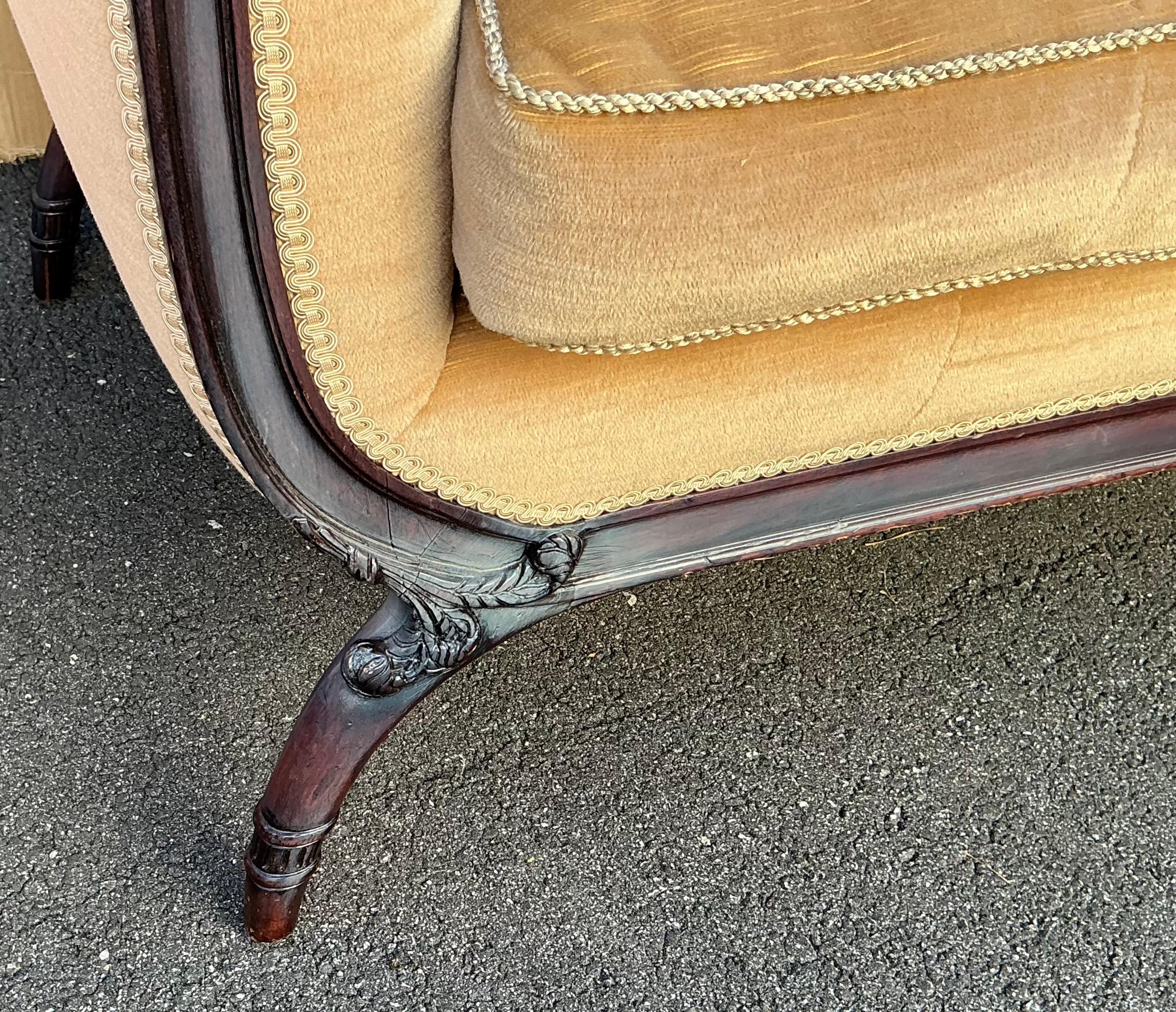 Regency Style Carved Mahogany And Camel Mohair Sofa W/ Down Cushion In Good Condition In Kennesaw, GA