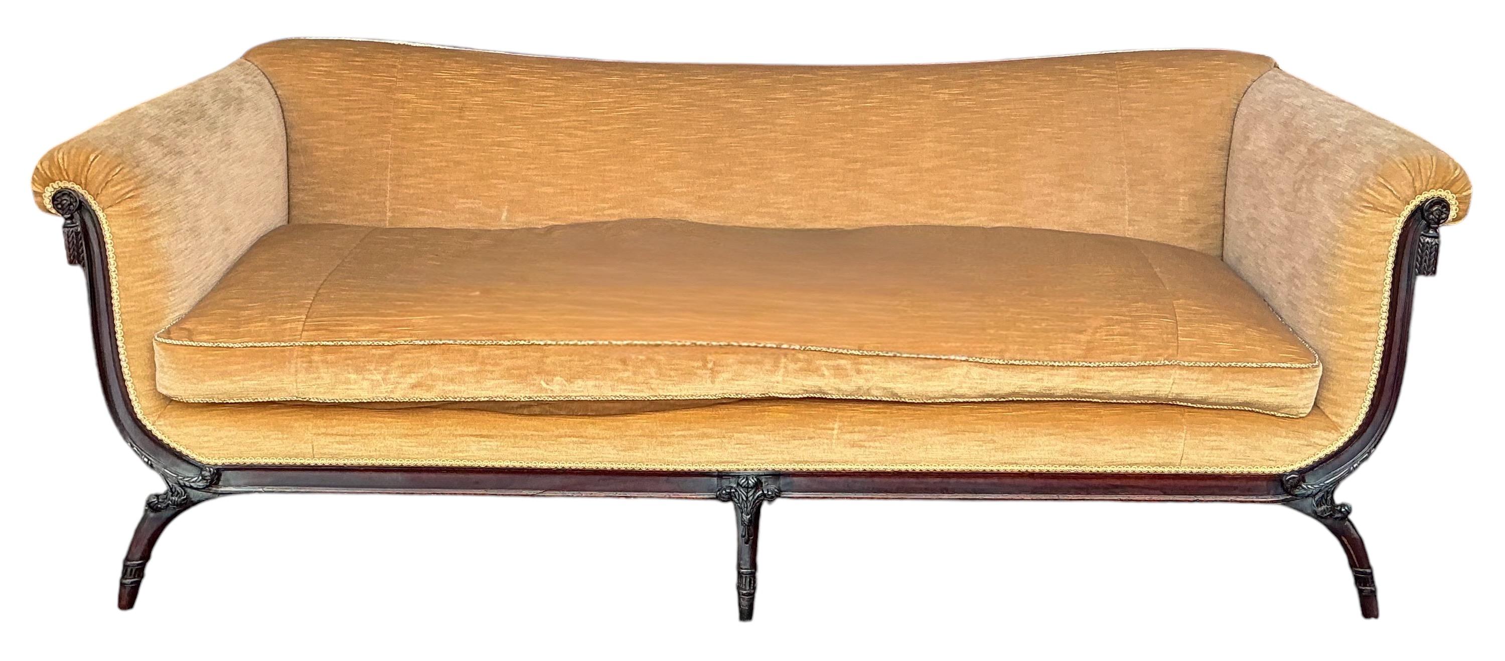 20th Century Regency Style Carved Mahogany And Camel Mohair Sofa W/ Down Cushion