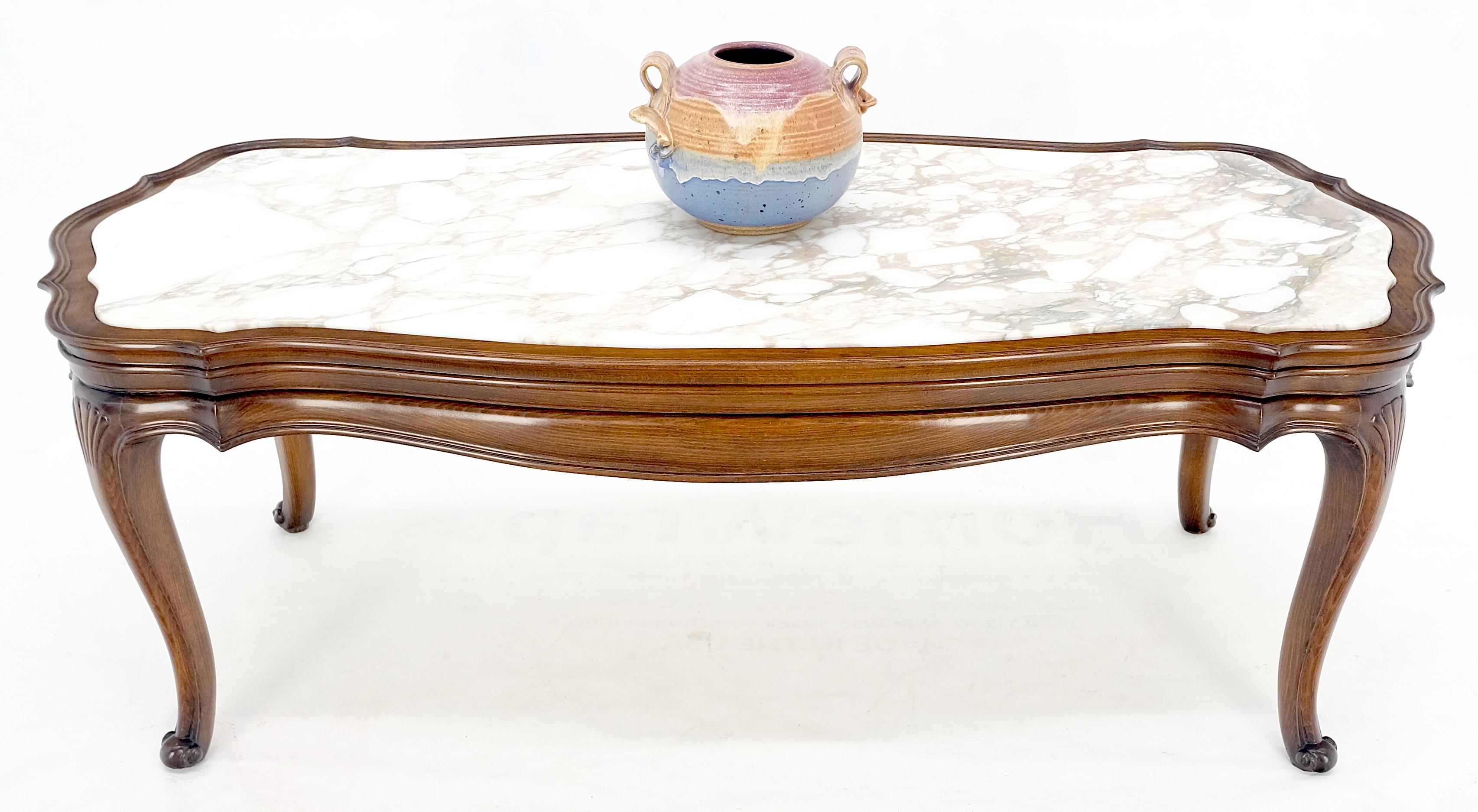 Regency Style Carved Walnut Base Figural Marble Top Elongated Coffee Table Carved Scallops Ornaments MINT!