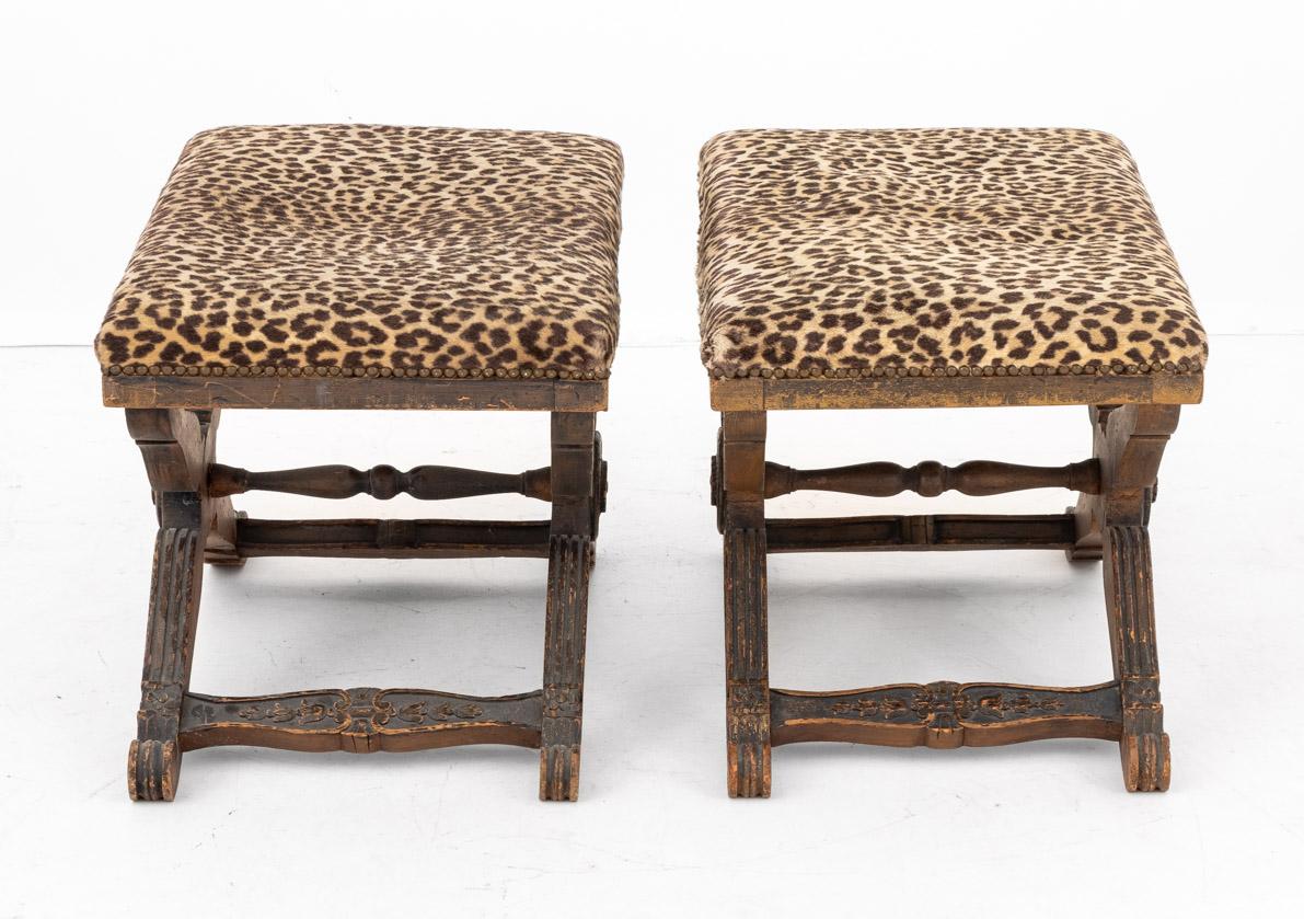 Taburetes Estilo Regencia Madera Tallada Estampado Leopardo, 2 en venta 2